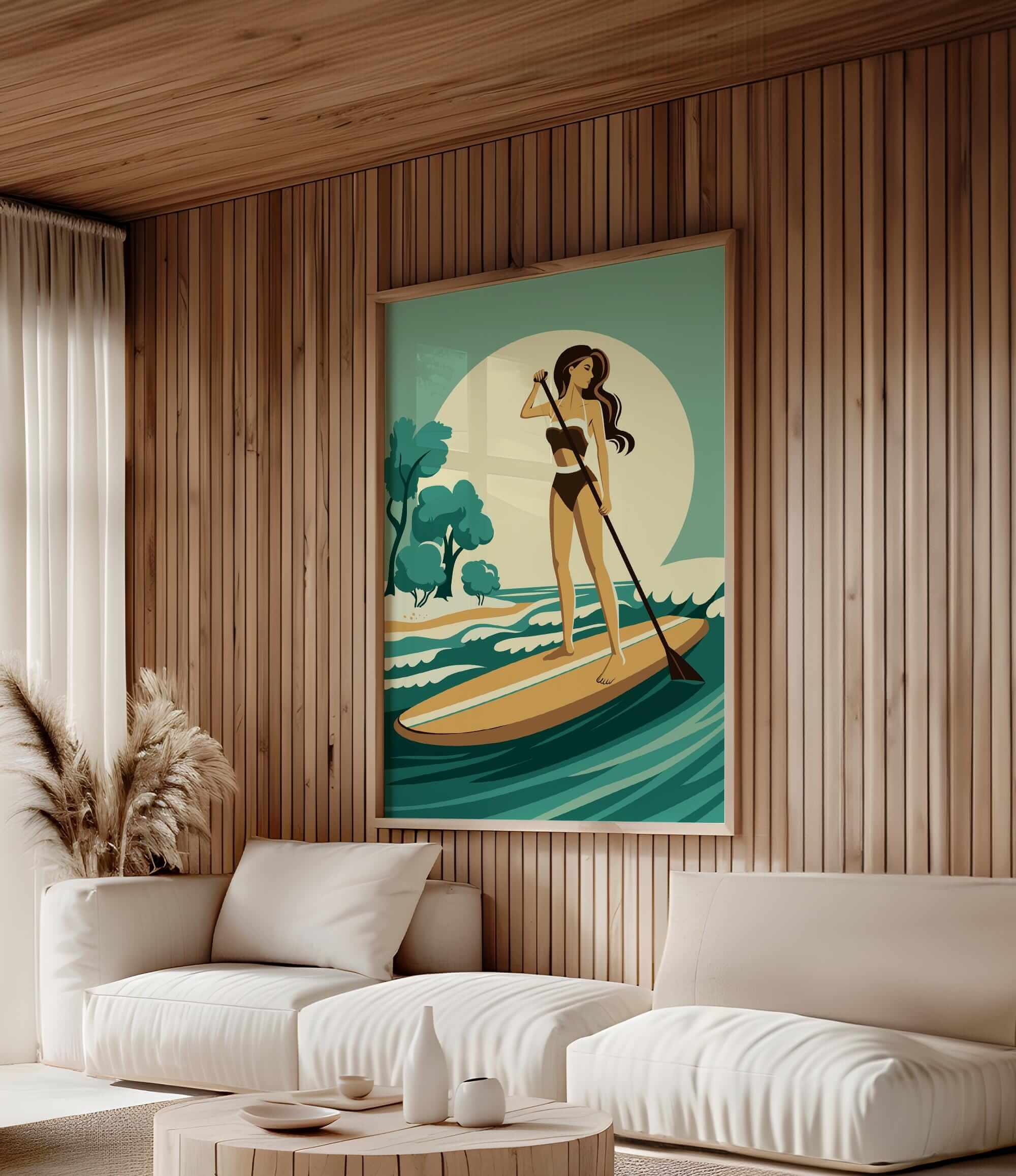 a woman standing on a surfboard in a serene, wood-paneled room with a large framed illustration of a woman paddleboarding on a calm body of water.