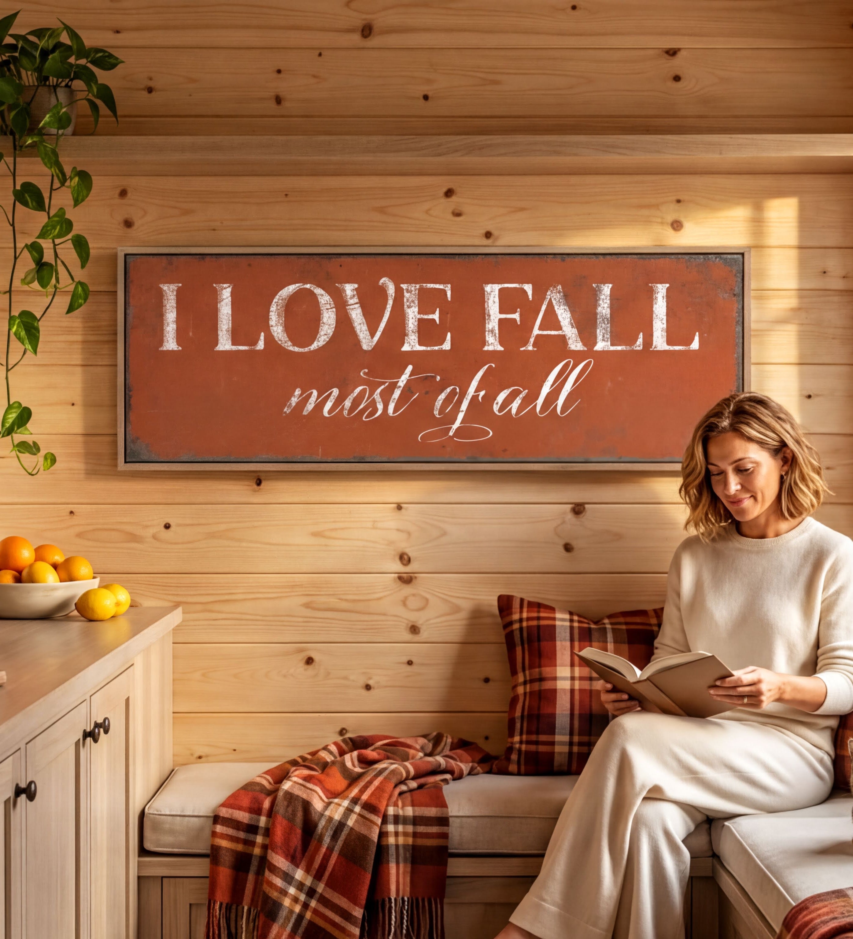 A woman is sitting on a bench, reading a book, with a rustic wooden wall behind her. The wall has a large sign that says "I LOVE FALL most of all".