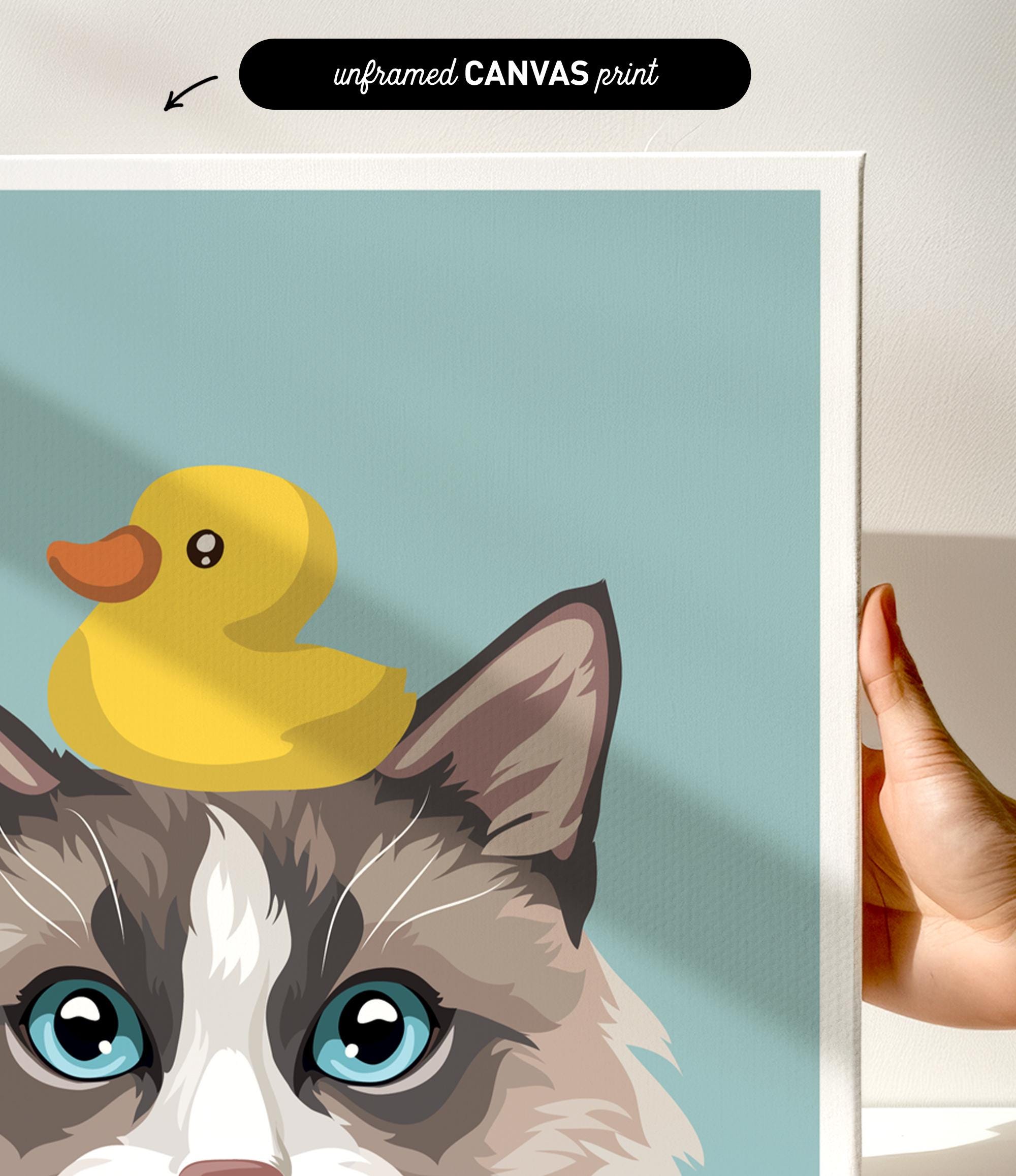 a close-up of a cat's face with a yellow rubber duck perched on its head.