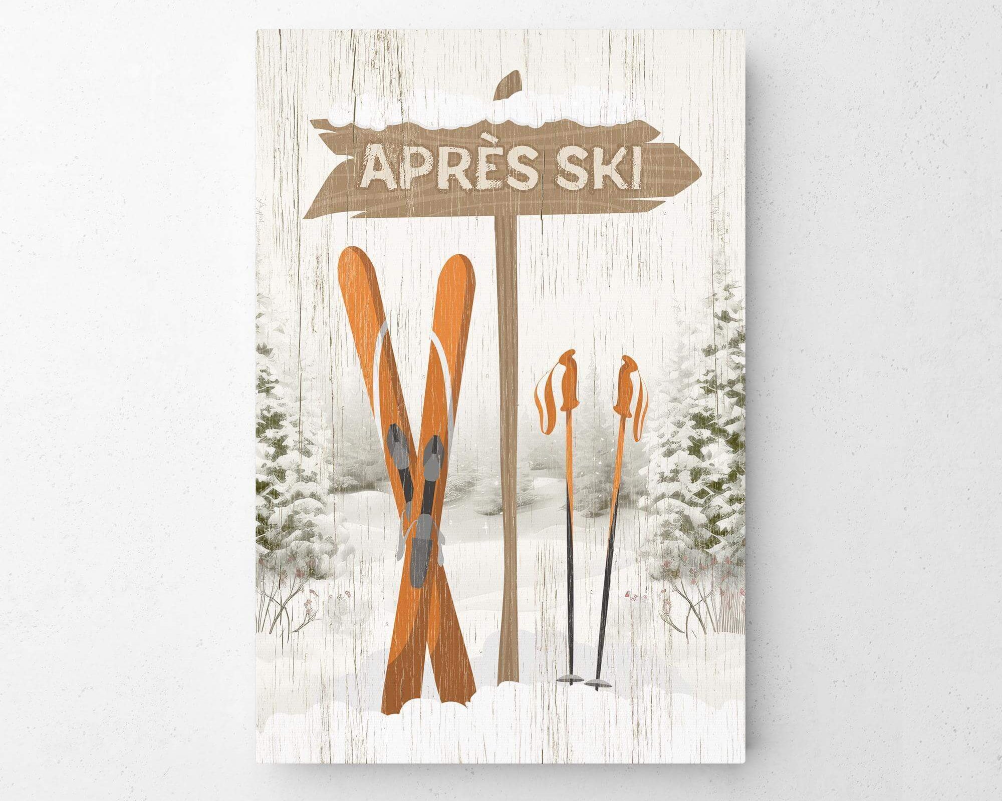 a picture of skis and a sign on a wall