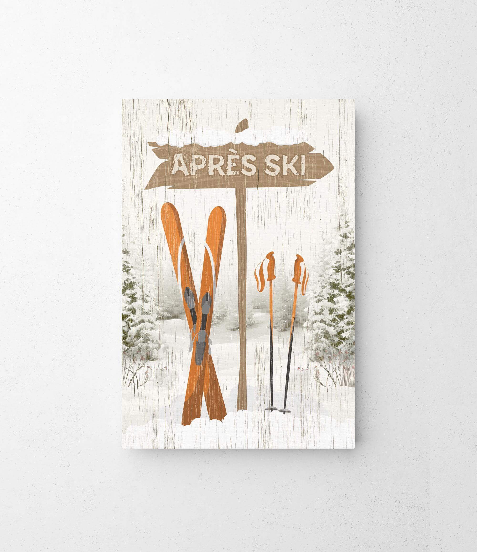a picture of skis and a sign on a wall