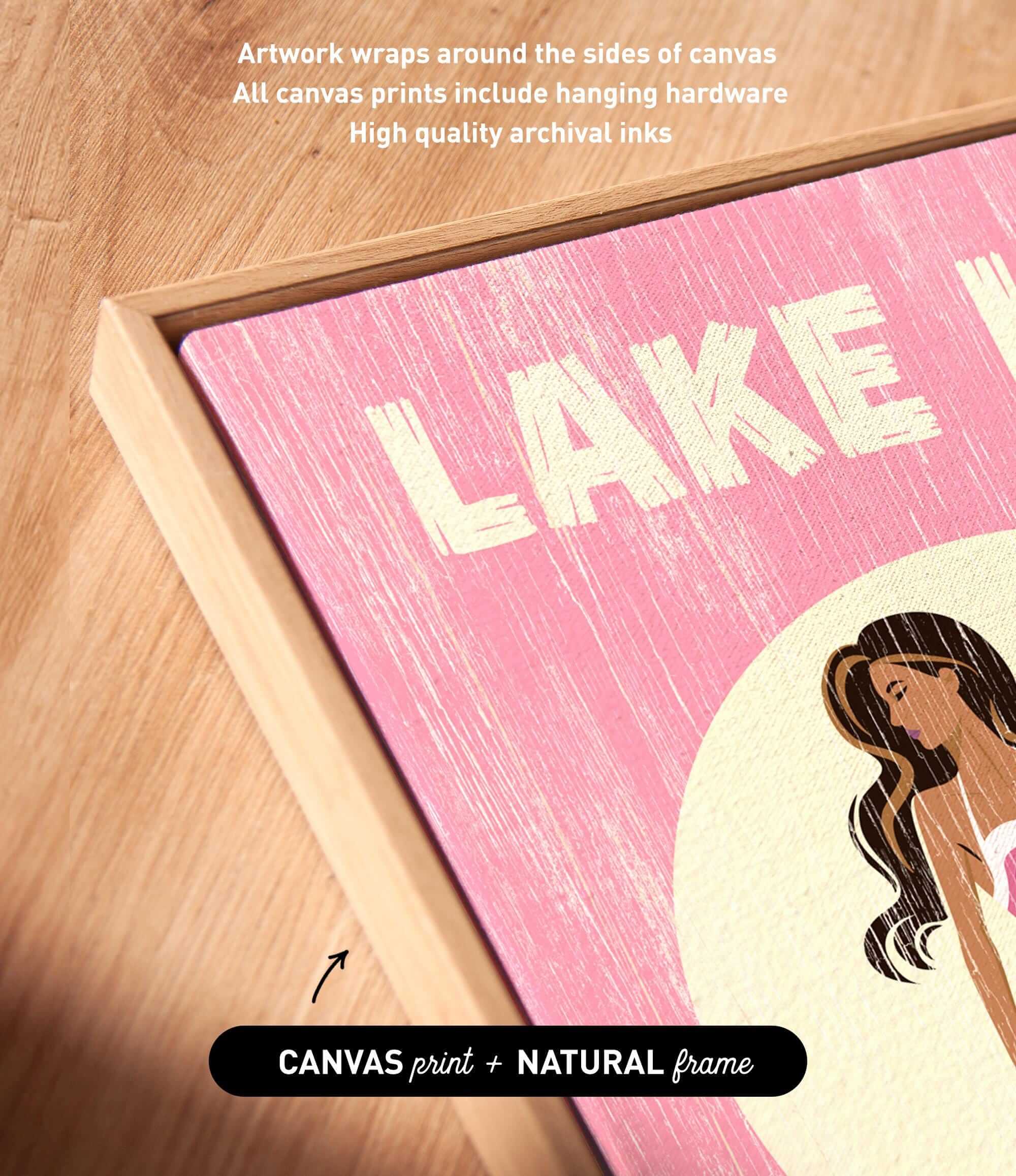 The image is a close-up of a framed artwork featuring a pink background with the word "LAKES" prominently displayed.