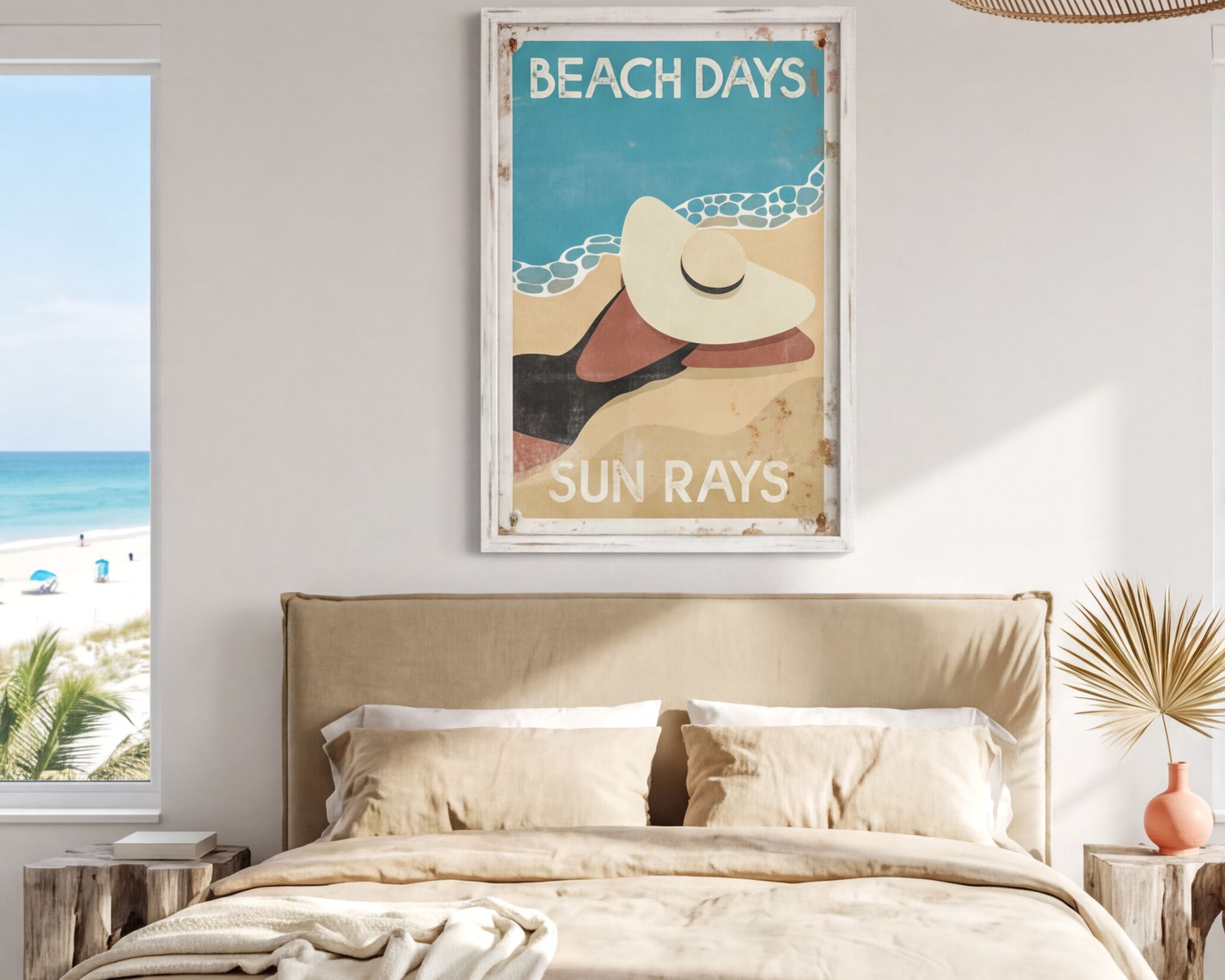 A bedroom with a large bed, a framed poster of a beach scene, and a window overlooking a beach.