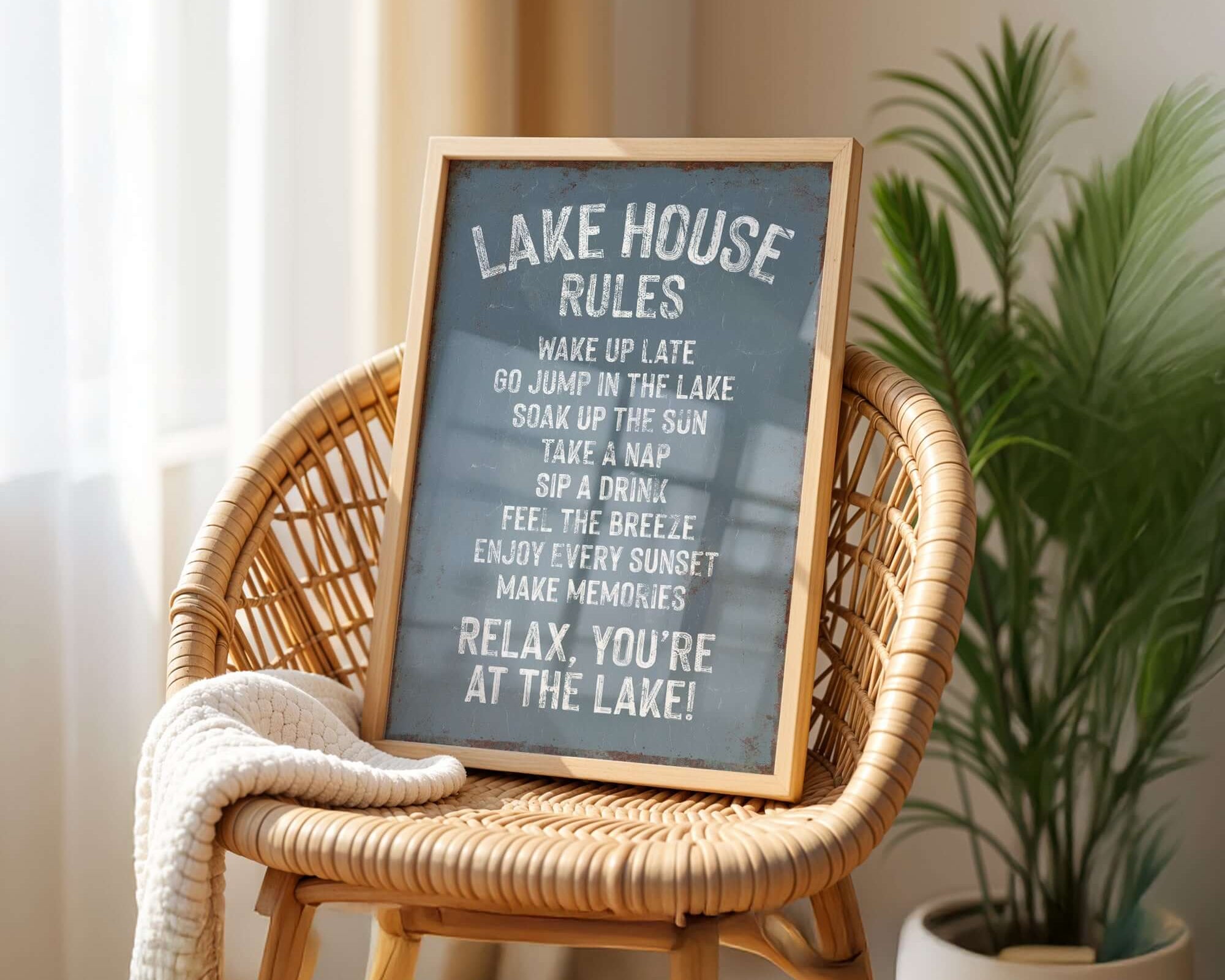 A sign on a wicker chair in a room with a potted plant in the background.