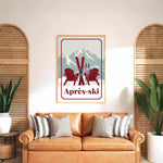 a cozy living room with a brown leather couch, a framed poster of a mountain landscape with ski equipment, and two potted plants on either side of the couch.