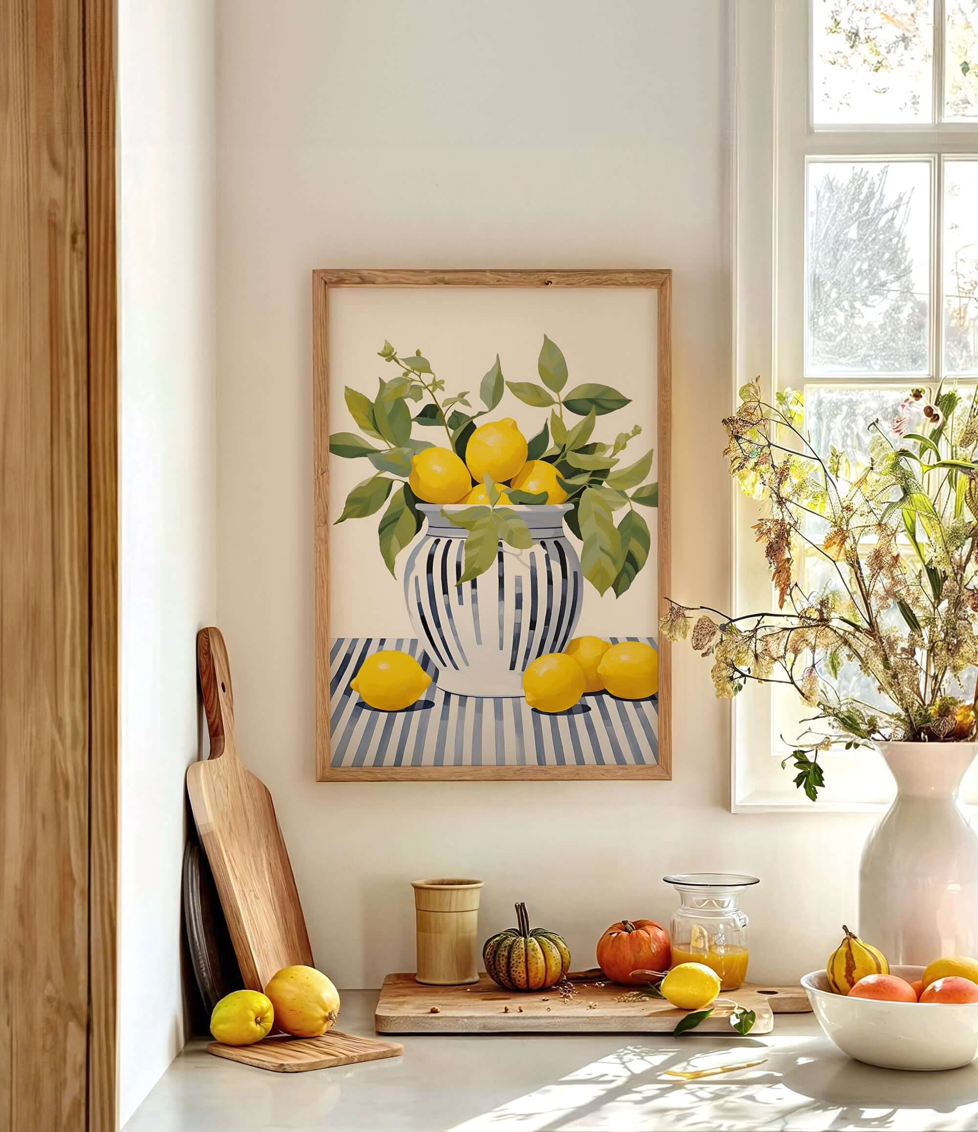 a kitchen counter with a framed painting of lemons and a vase of flowers, a cutting board with a knife, a bowl of fruit, and a potted plant.