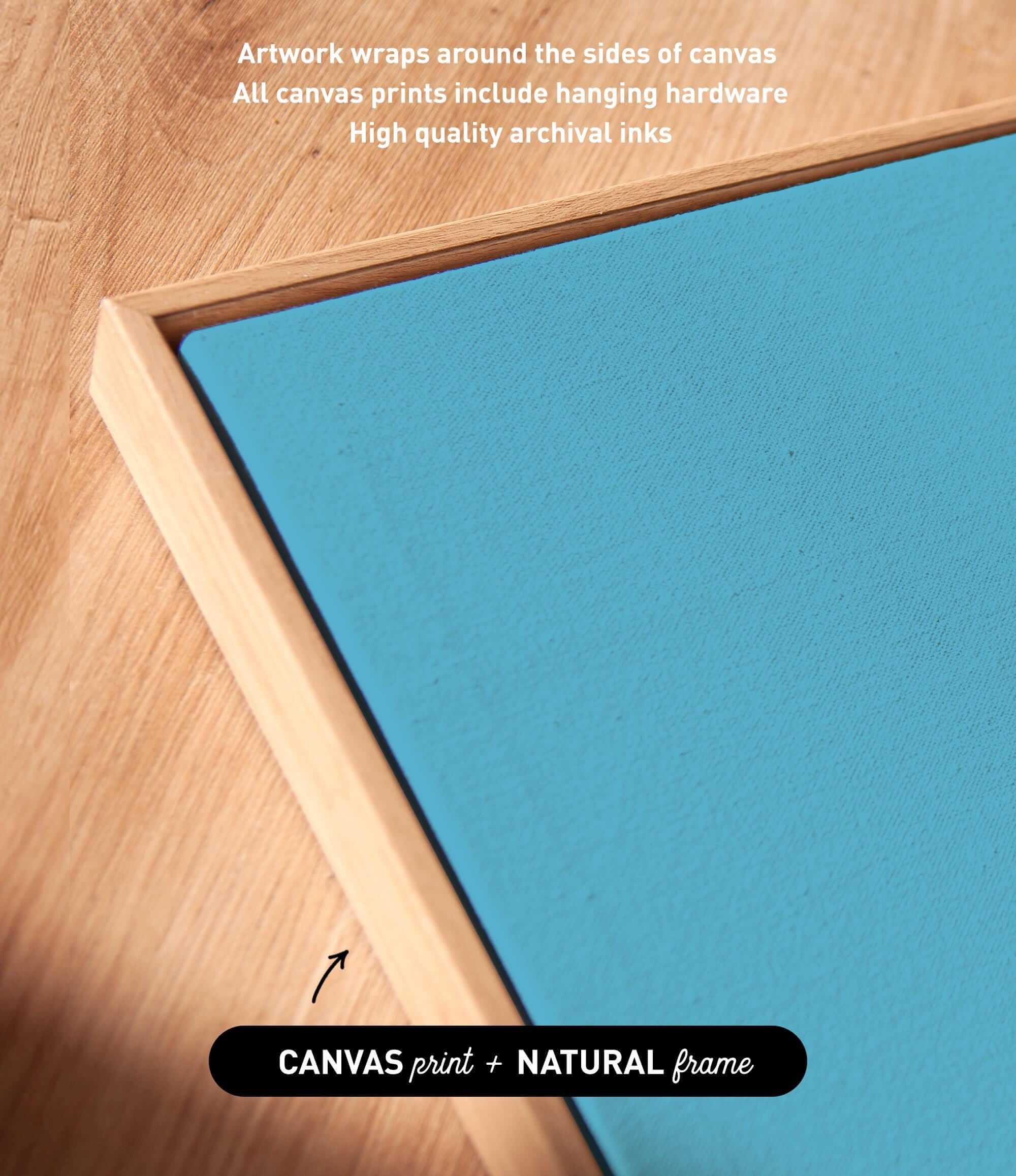 a close-up view of a blue canvas with a wooden frame, highlighting the artwork wrapping around the sides of the canvas and the high-quality archival inks used for the print.