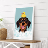 A framed illustration of a dog with a yellow rubber duck on its head, set against a blue background with white bubbles.