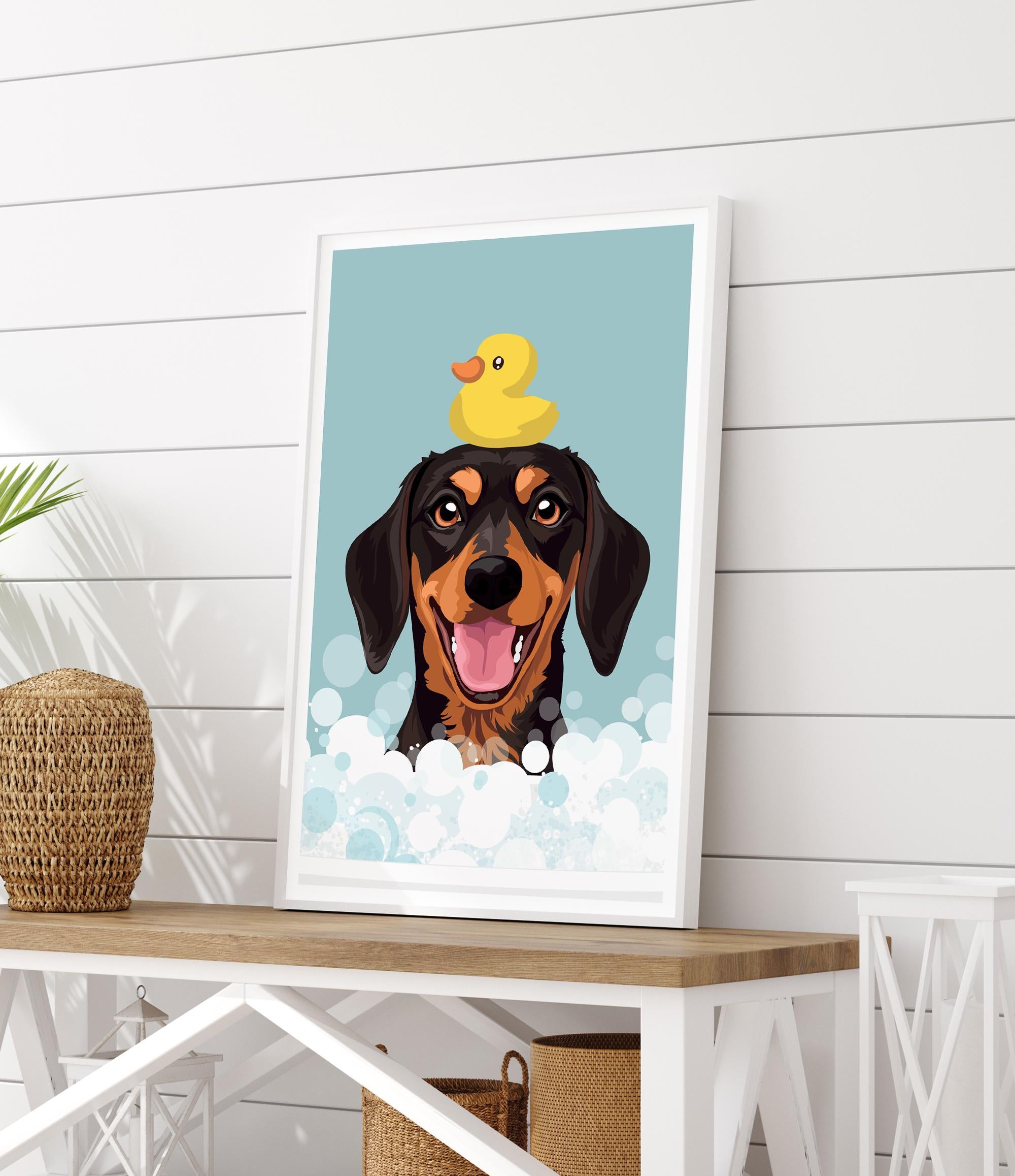 A framed illustration of a dog with a yellow rubber duck on its head, set against a blue background with white bubbles.
