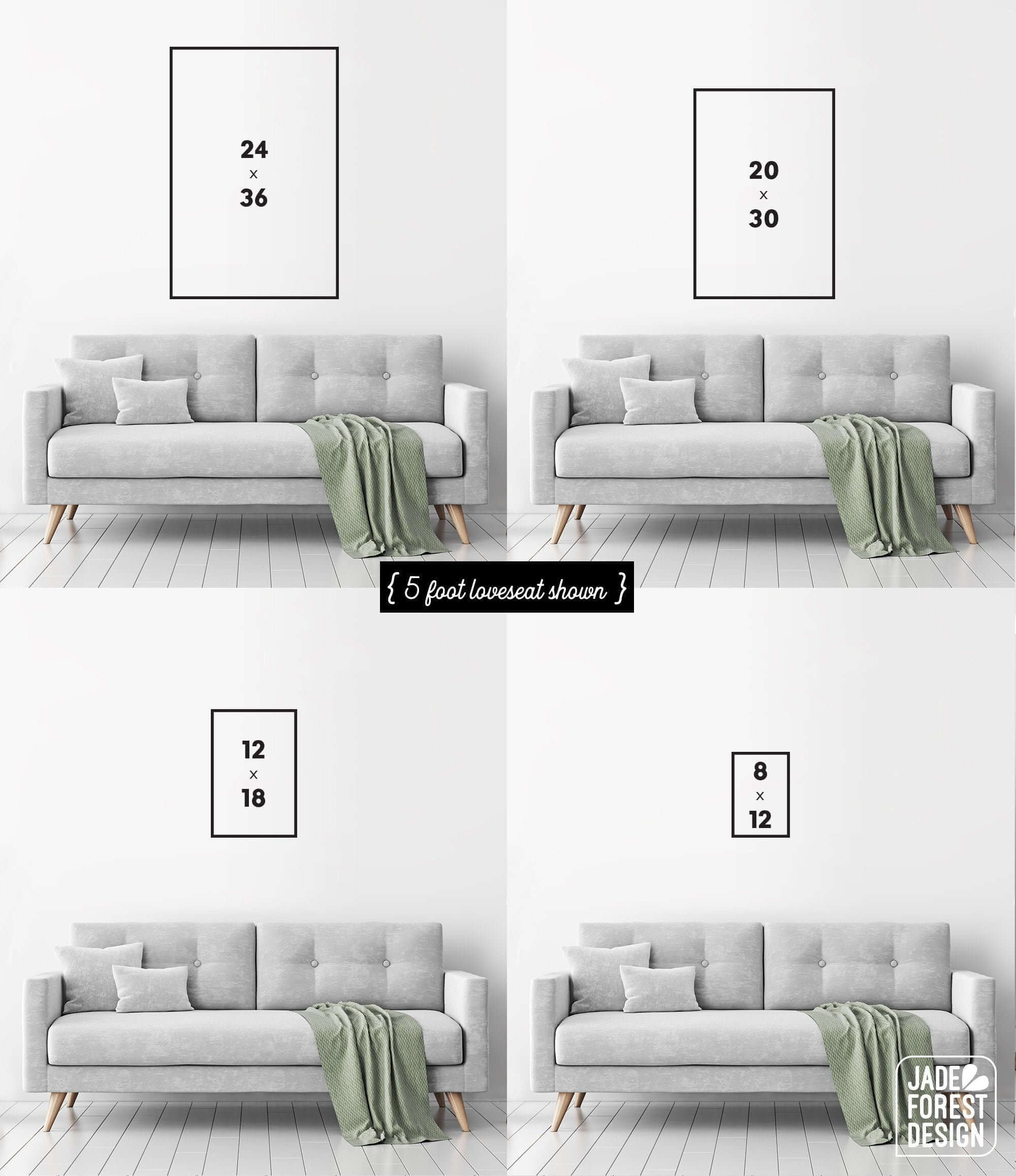 Four sizes of the PIPE DOWN, Sailboat Sunset Sign vintage wall art are displayed above a gray loveseat with a green blanket in a modern white room.