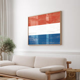 a living room with a white couch and a wooden coffee table