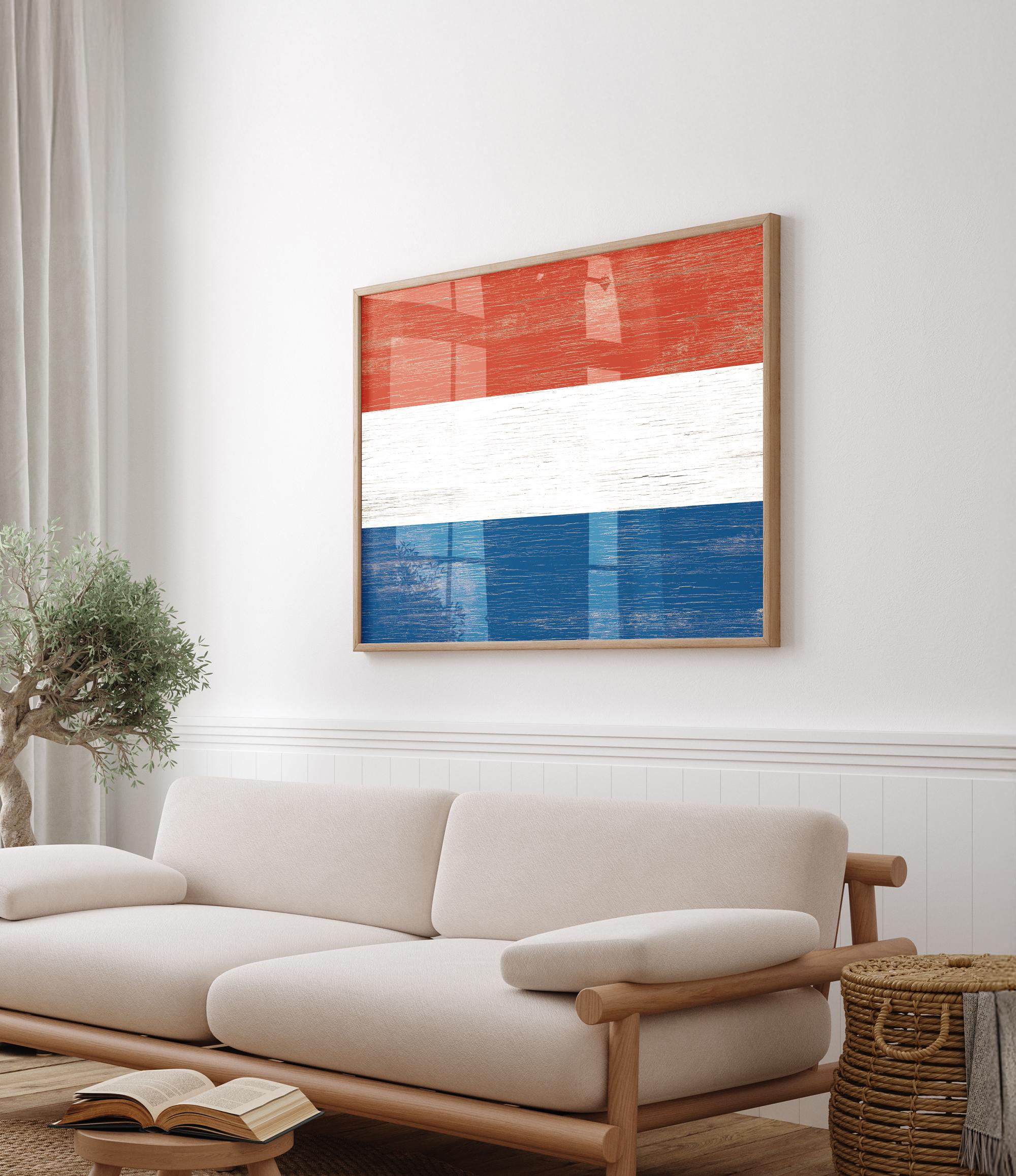 a living room with a white couch and a wooden coffee table