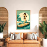 a woman standing on a surfboard in a tropical setting, with palm trees and a yellow sun in the background.
