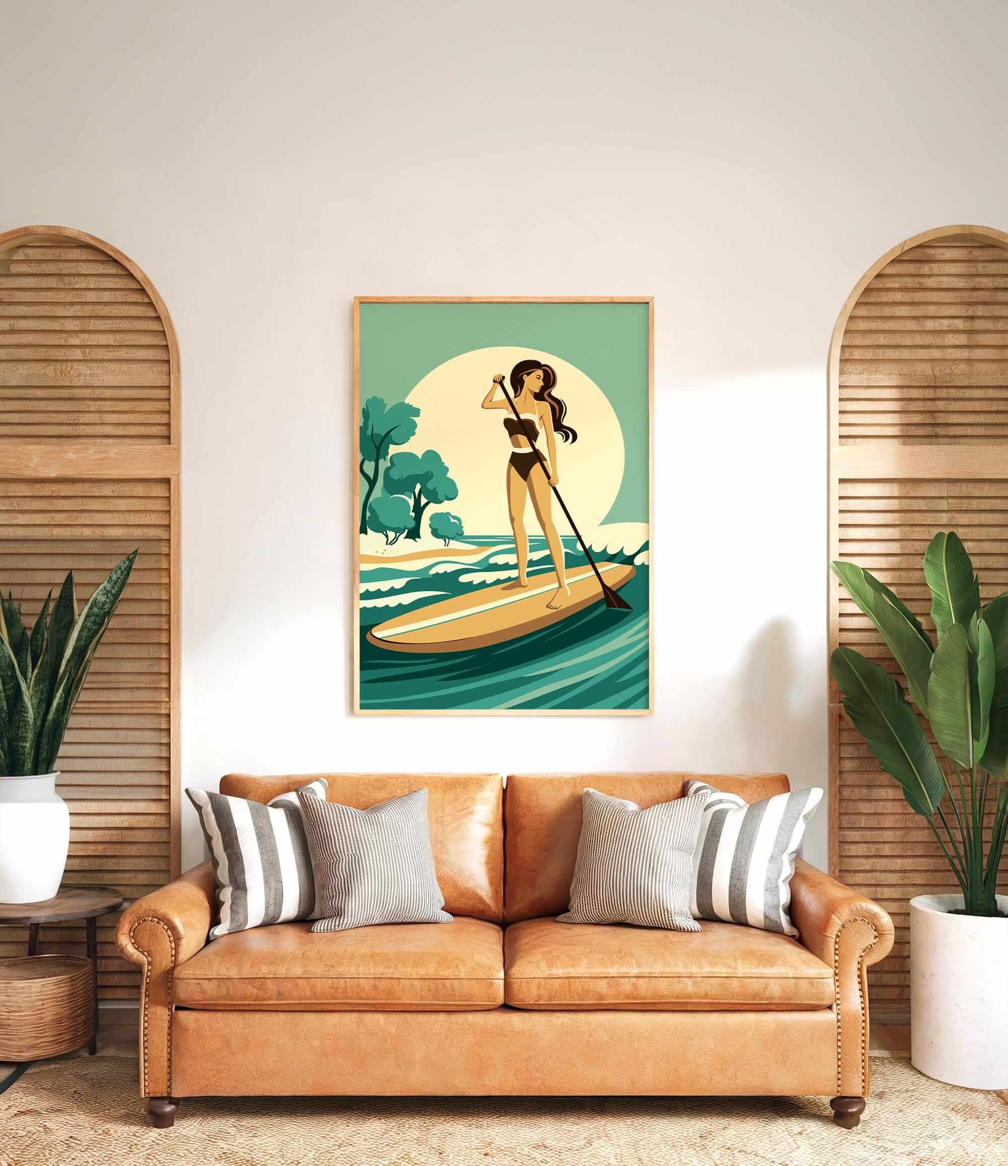 a woman standing on a surfboard in a tropical setting, with palm trees and a yellow sun in the background.