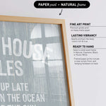 The image is a collage of various framed prints, including a large print of the phrase "HOUSES IN THE OCEAN UP LATE IN THE SUN" and a smaller print of "UP LATE IN THE OCEAN".