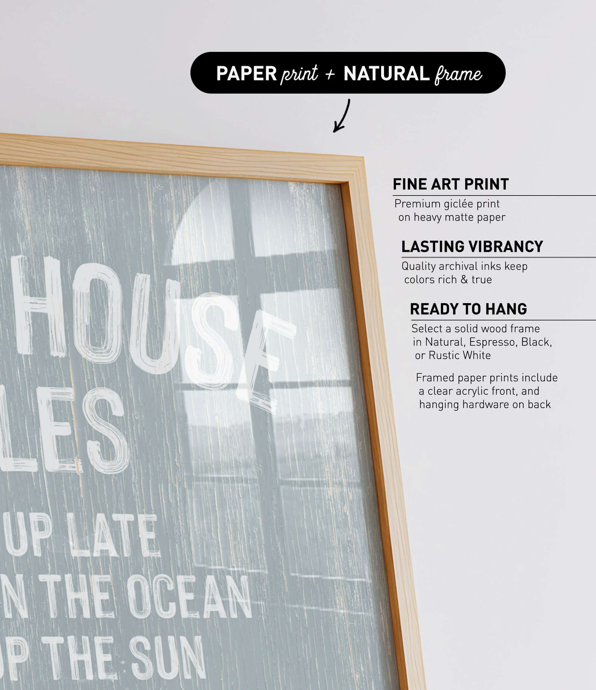The image is a collage of various framed prints, including a large print of the phrase "HOUSES IN THE OCEAN UP LATE IN THE SUN" and a smaller print of "UP LATE IN THE OCEAN".