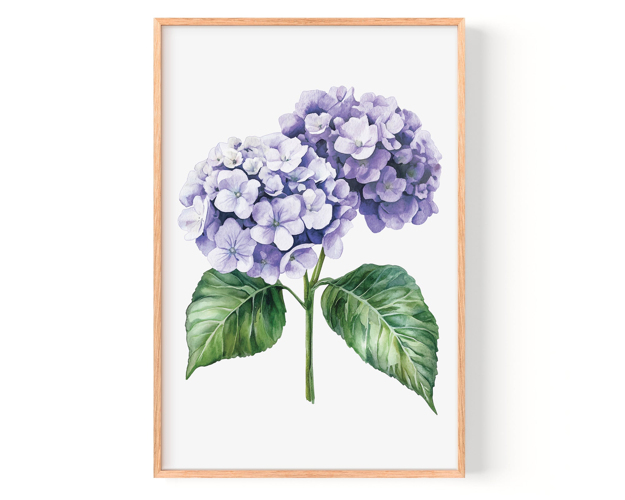 a framed watercolor painting of a cluster of purple hydrangea flowers with green leaves.