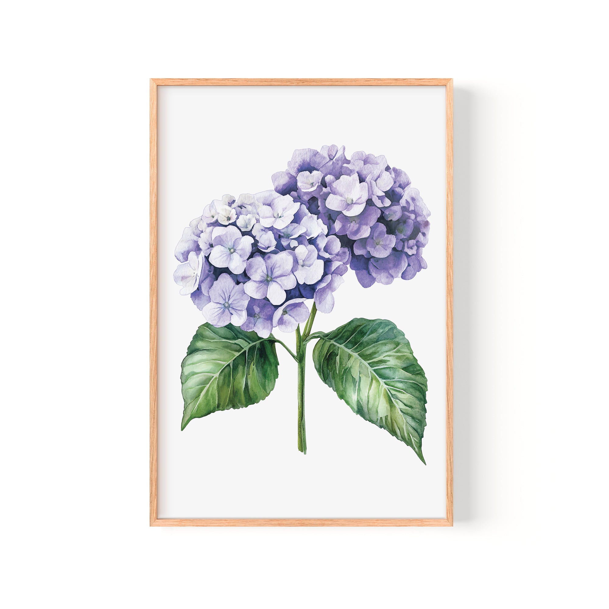 a framed watercolor painting of a cluster of purple hydrangea flowers with green leaves.
