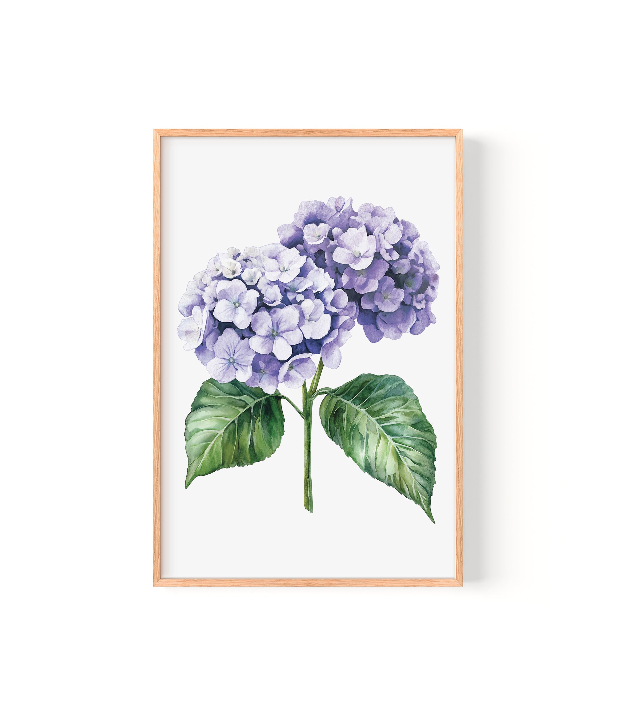 a framed watercolor painting of a cluster of purple hydrangea flowers with green leaves.