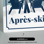 The image is an advertisement for a product called "Apres-ski" that is waterproof and perfect for outdoor use. It features a pair of blue Adirondack chairs and skis, suggesting a skiing-related product.