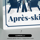 The image is an advertisement for a product called "Apres-ski" that is waterproof and perfect for outdoor use. It features a pair of blue Adirondack chairs and skis, suggesting a skiing-related product.