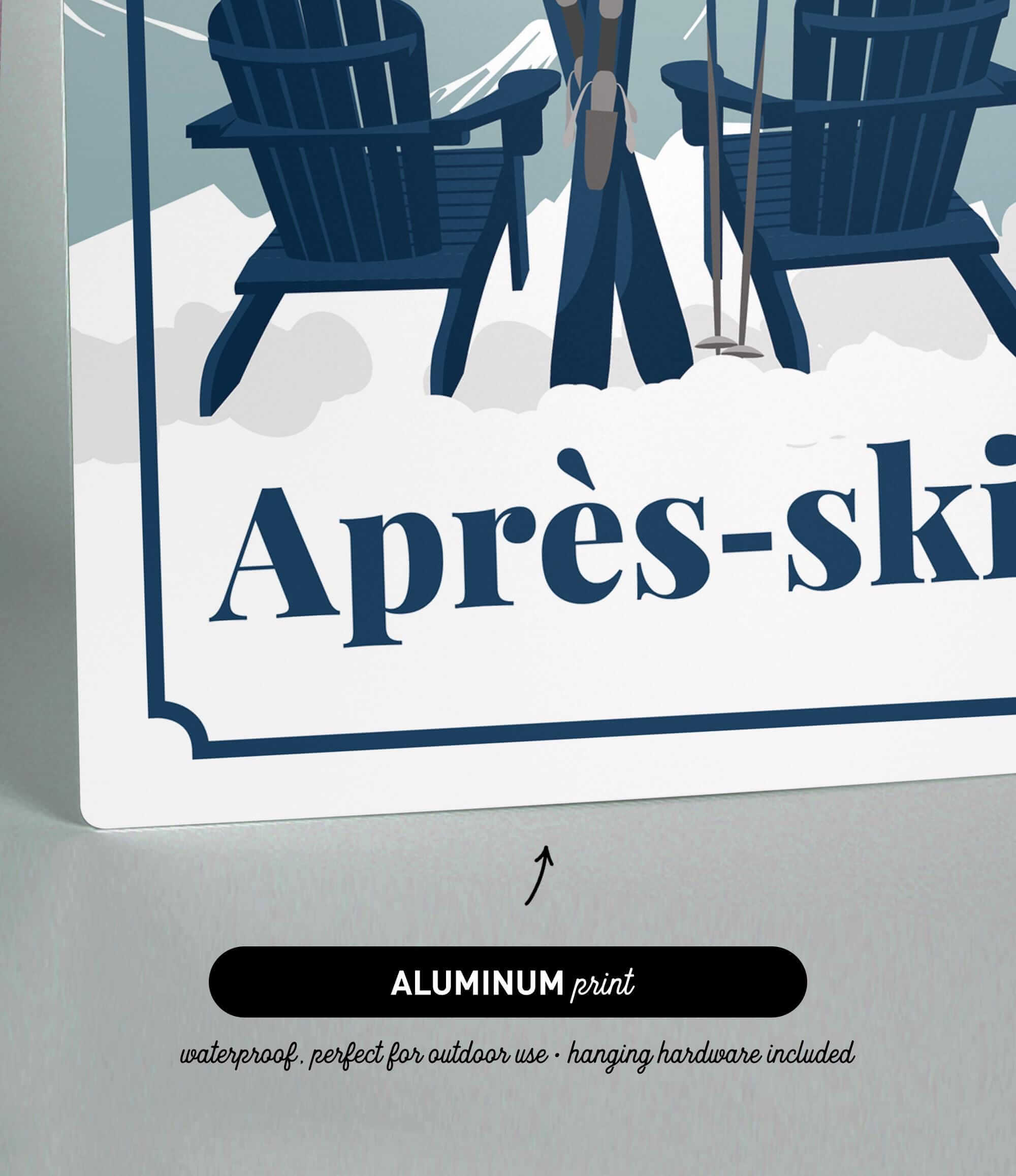 The image is an advertisement for a product called "Apres-ski" that is waterproof and perfect for outdoor use. It features a pair of blue Adirondack chairs and skis, suggesting a skiing-related product.