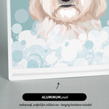 The image is an illustration of a dog's face, with bubbles surrounding it, and it is printed on a material that is waterproof and suitable for outdoor use.