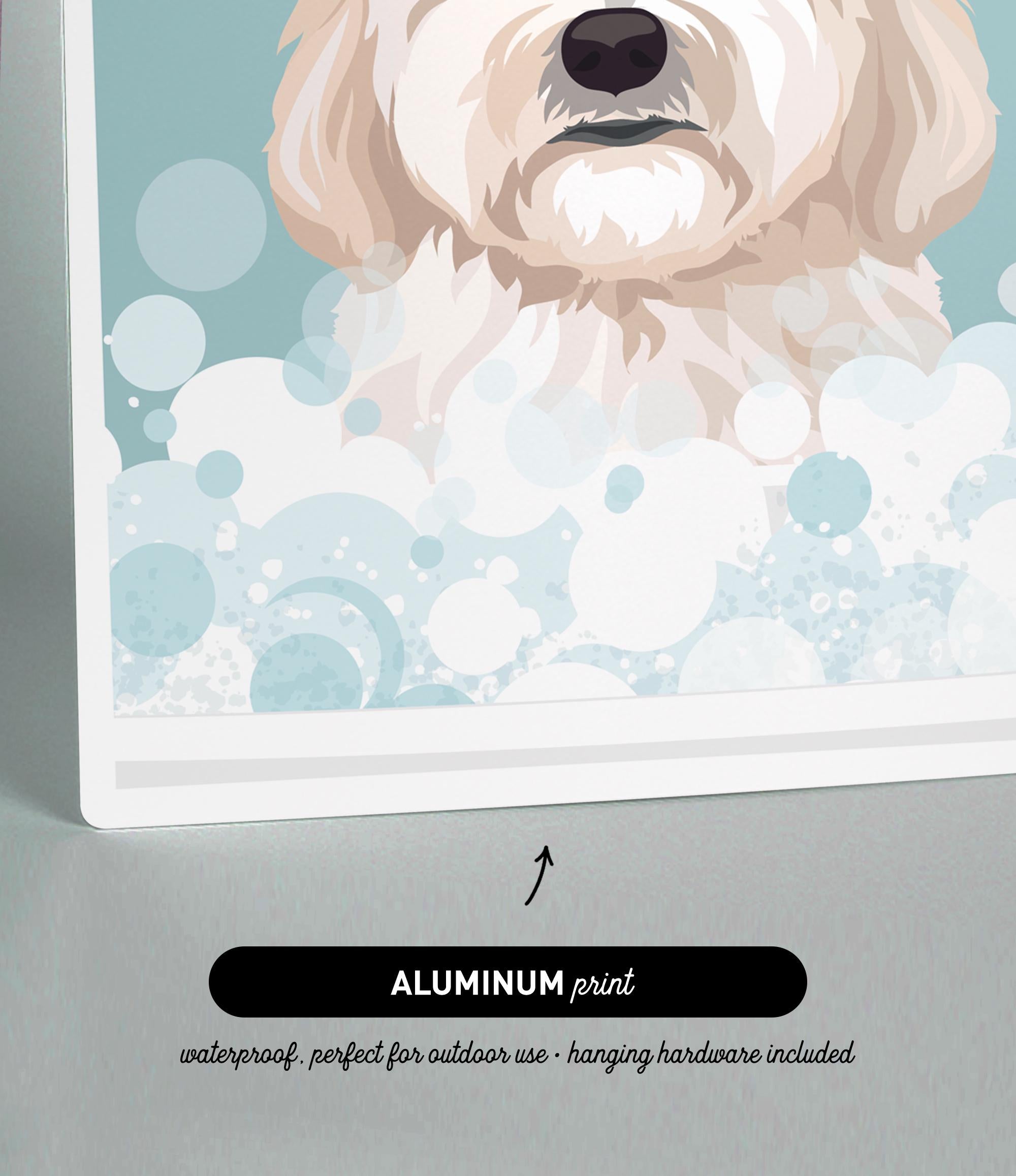 The image is an illustration of a dog's face, with bubbles surrounding it, and it is printed on a material that is waterproof and suitable for outdoor use.