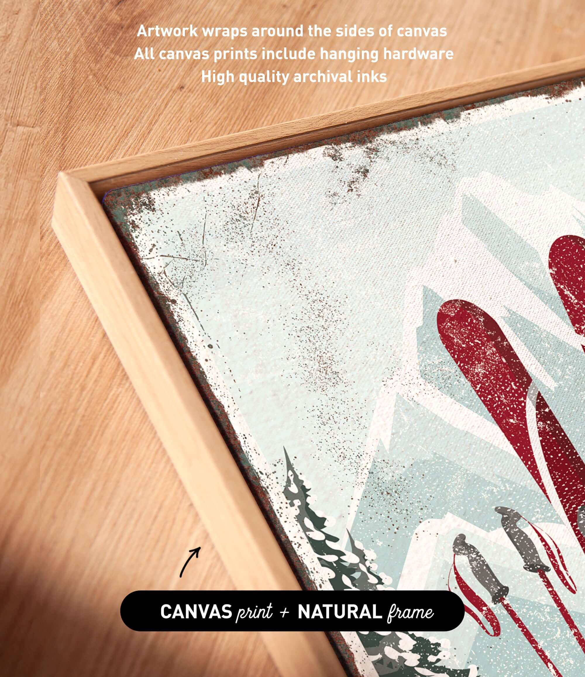 a painting of skis on a wooden surface