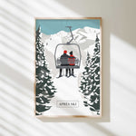 A framed illustration depicting a couple on a ski lift, surrounded by snow-covered pine trees, with the text "APRÈS SKI" below the image.