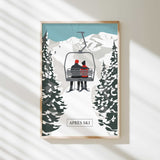 A framed illustration depicting a couple on a ski lift, surrounded by snow-covered pine trees, with the text "APRÈS SKI" below the image.