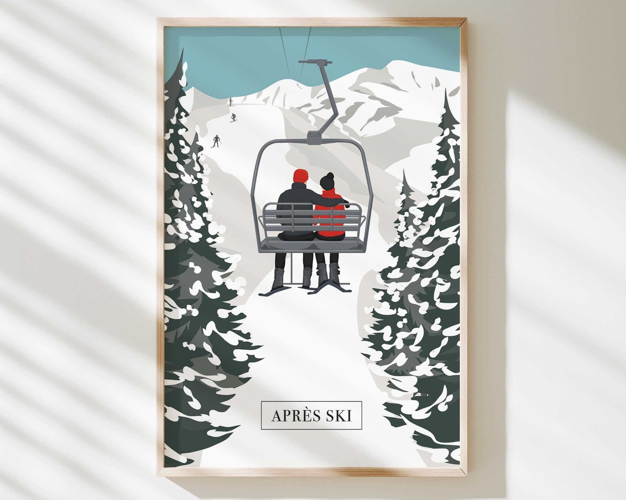 A framed illustration depicting a couple on a ski lift, surrounded by snow-covered pine trees, with the text "APRÈS SKI" below the image.