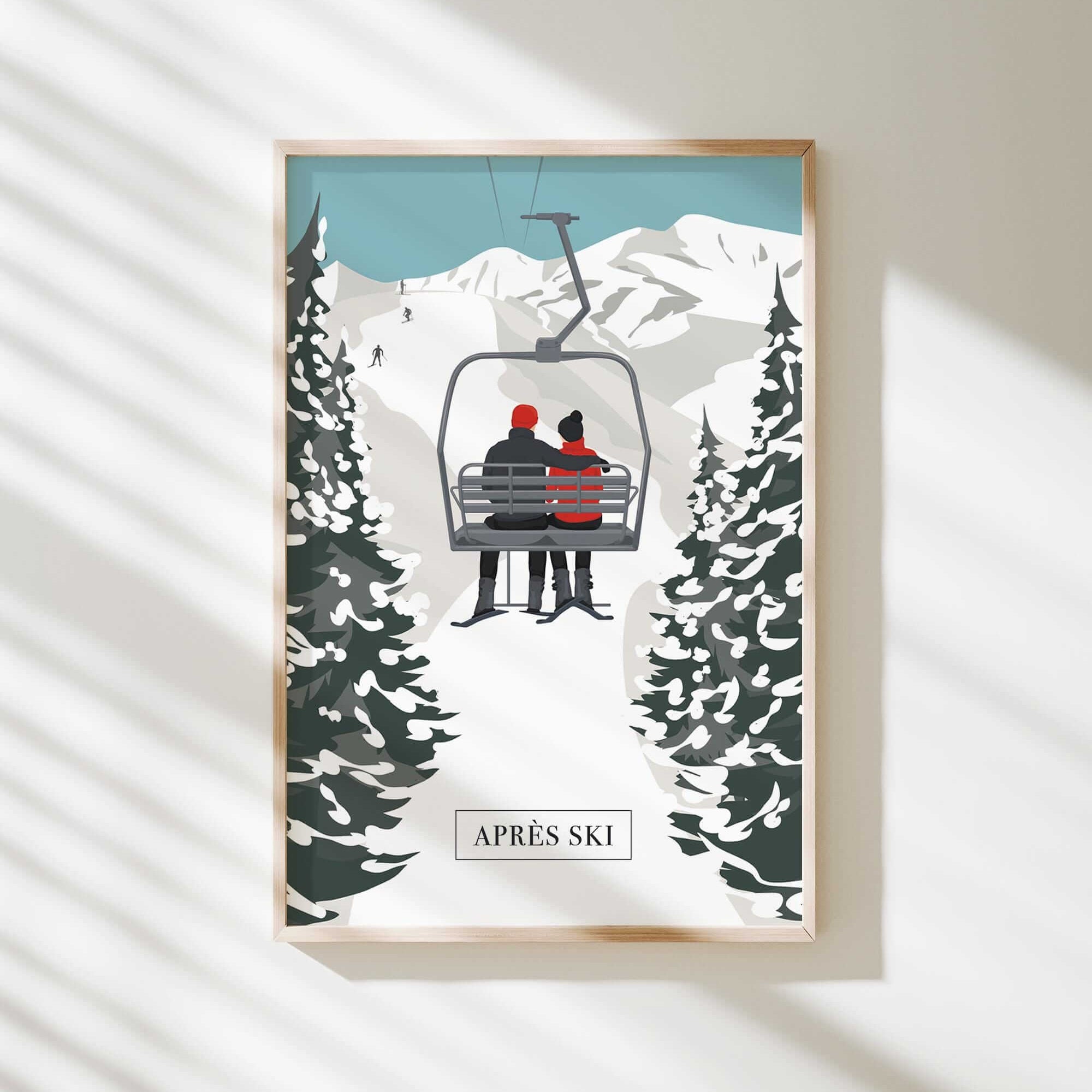 A framed illustration depicting a couple on a ski lift, surrounded by snow-covered pine trees, with the text "APRÈS SKI" below the image.