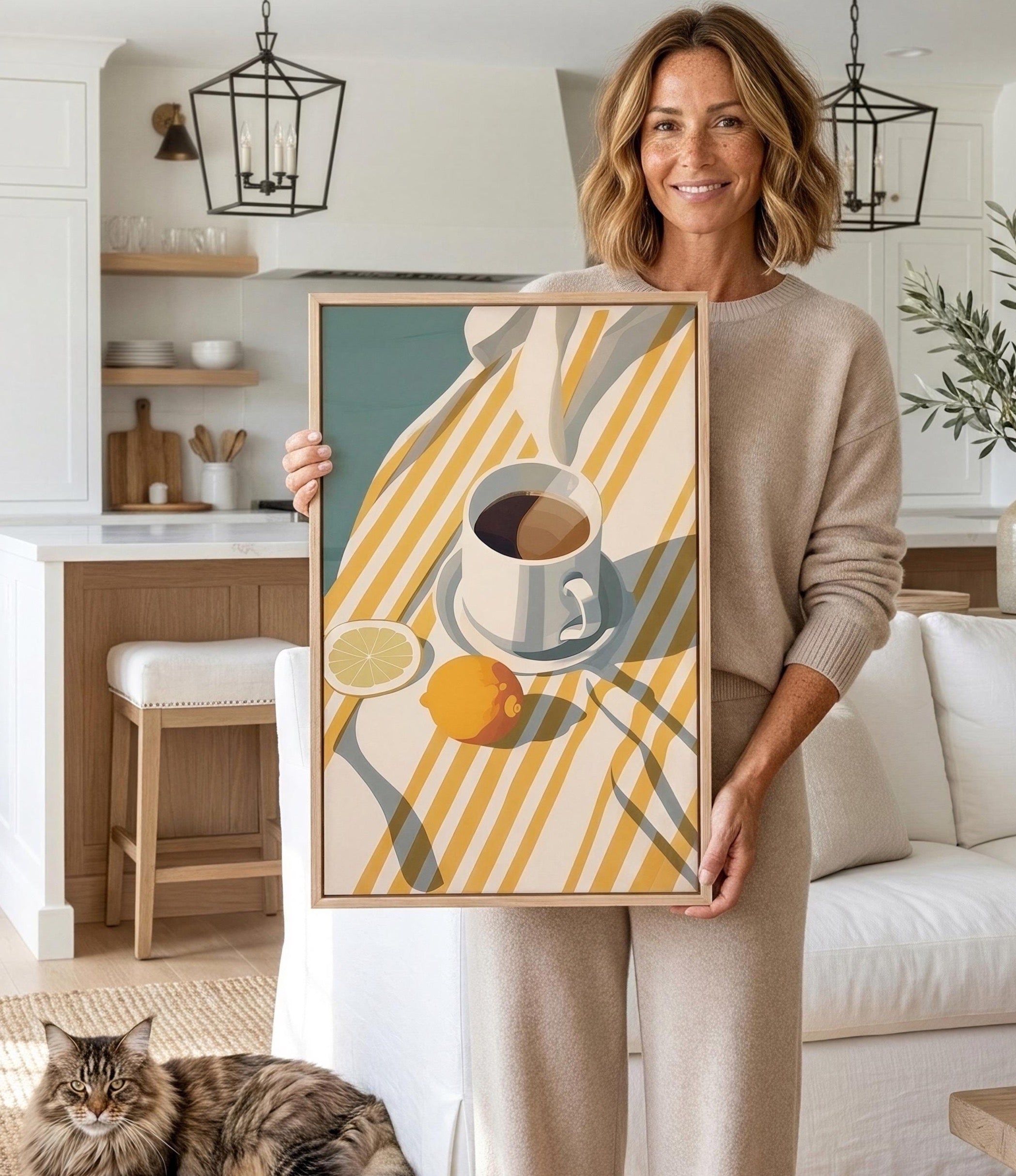 A woman is holding a framed print of a still life composition featuring a cup, lemon, and orange on a striped tablecloth.