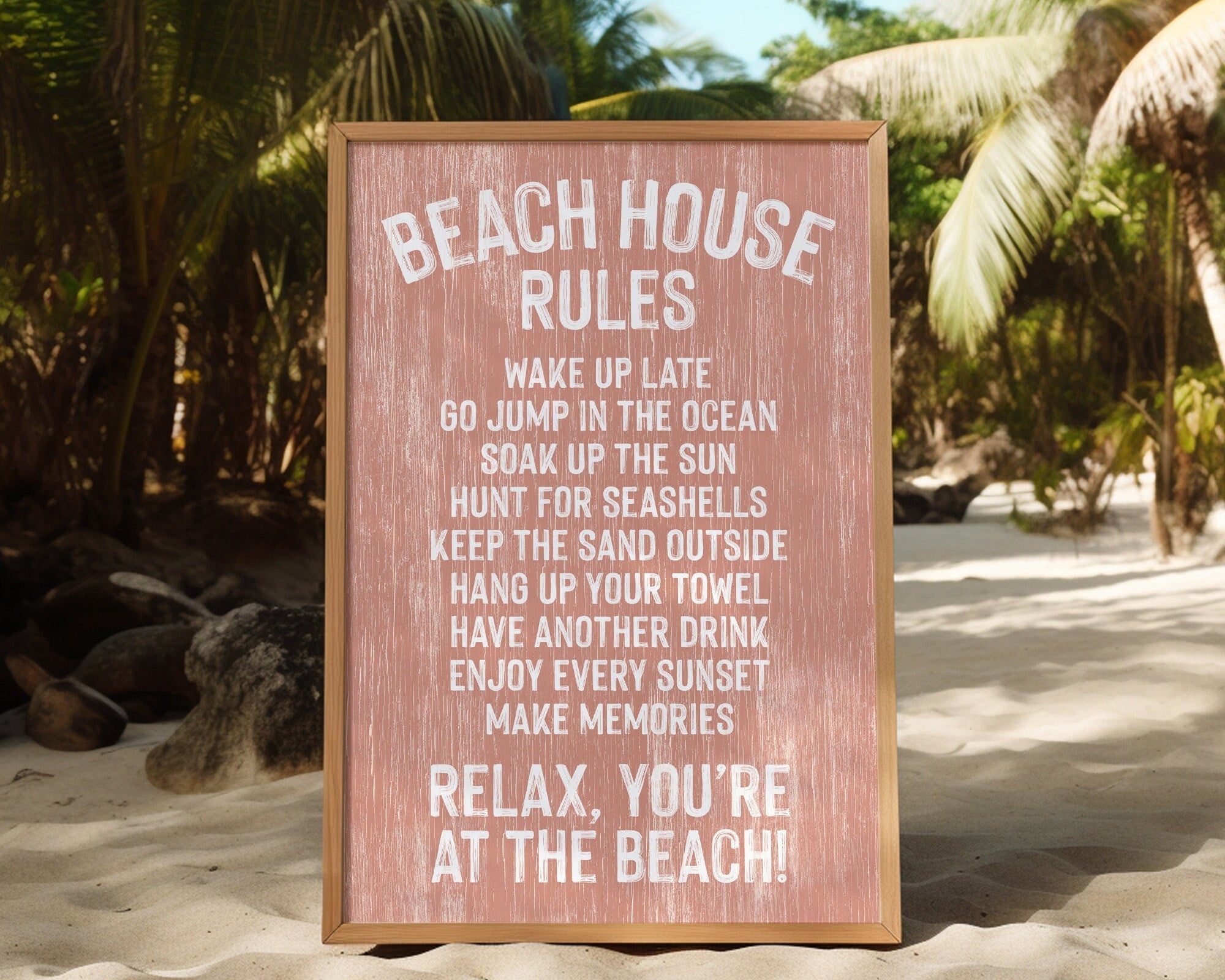 The Beach House Rules Sign, Painted Wood, Coral, features relaxed beach house rules—ideal coastal wall art to enhance your space.