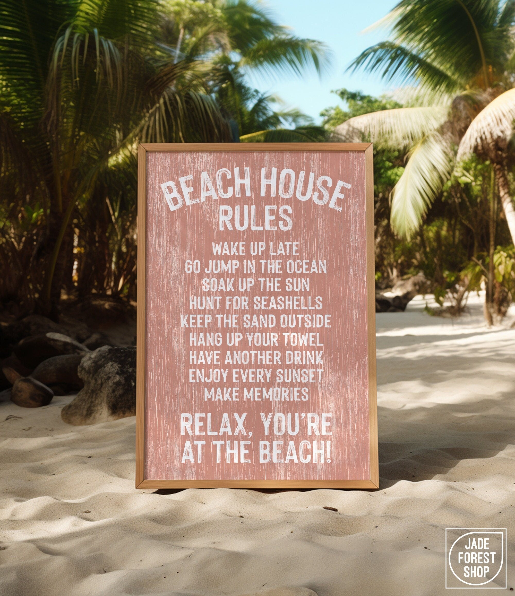 The Beach House Rules Sign, Painted Wood, Coral, features relaxed beach house rules—ideal coastal wall art to enhance your space.