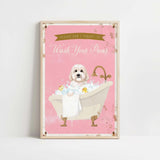 A framed poster with a cute white dog sitting in a bathtub filled with bubbles, accompanied by the text "Please don't forget to wash your paws".