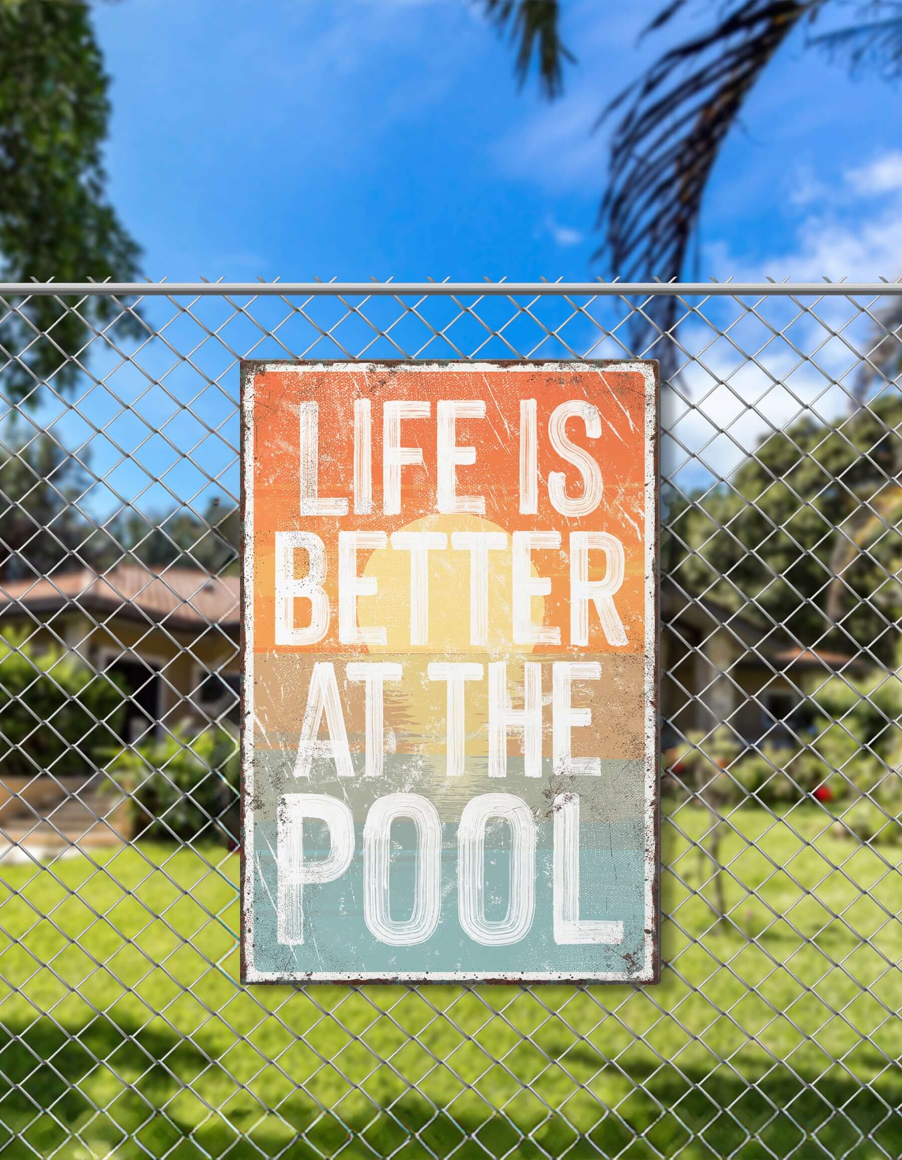 a sign on a fence that says life is better at the pool