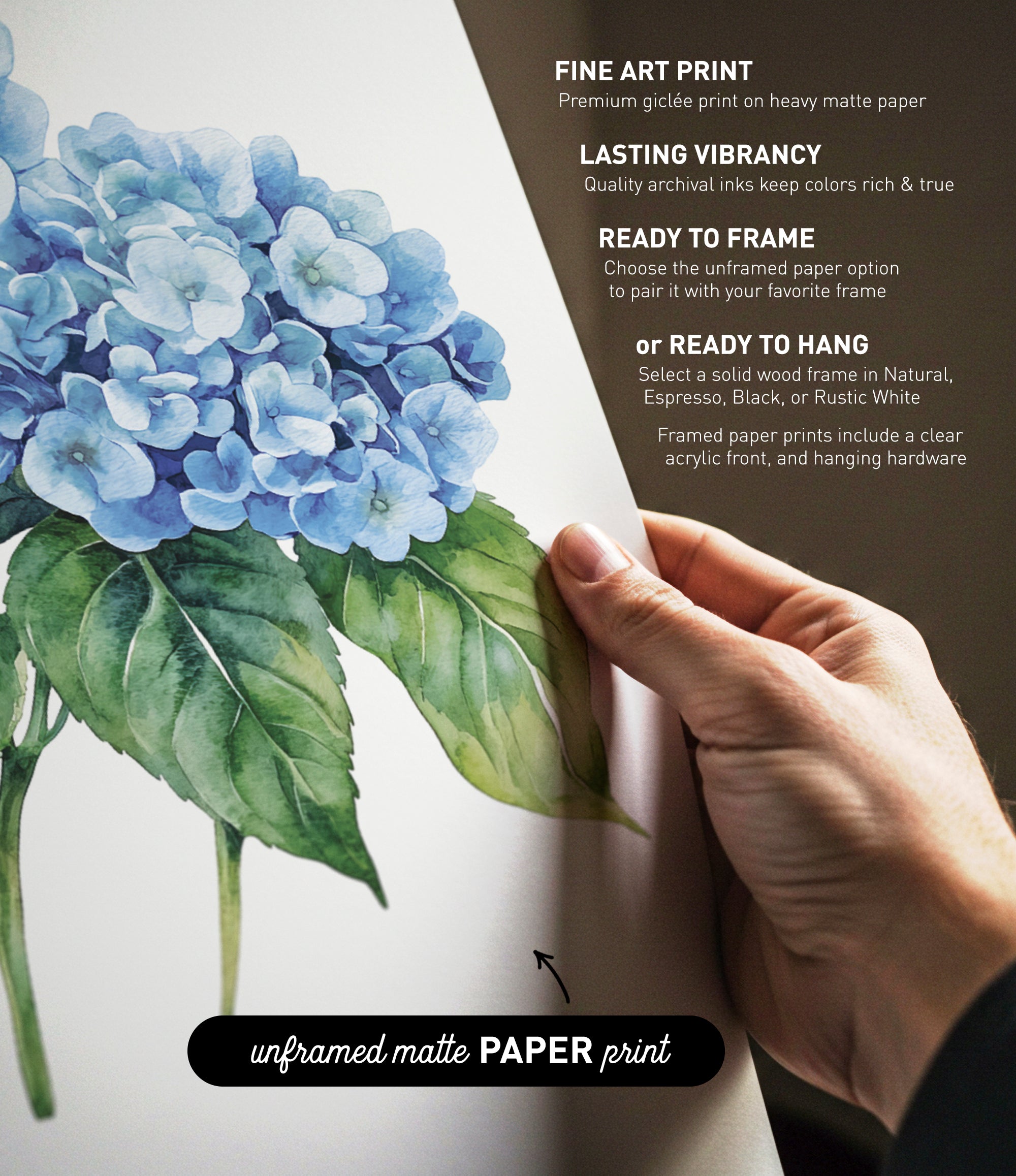 a hand holding a piece of paper with a close-up view of a watercolor painting of blue hydrangeas.