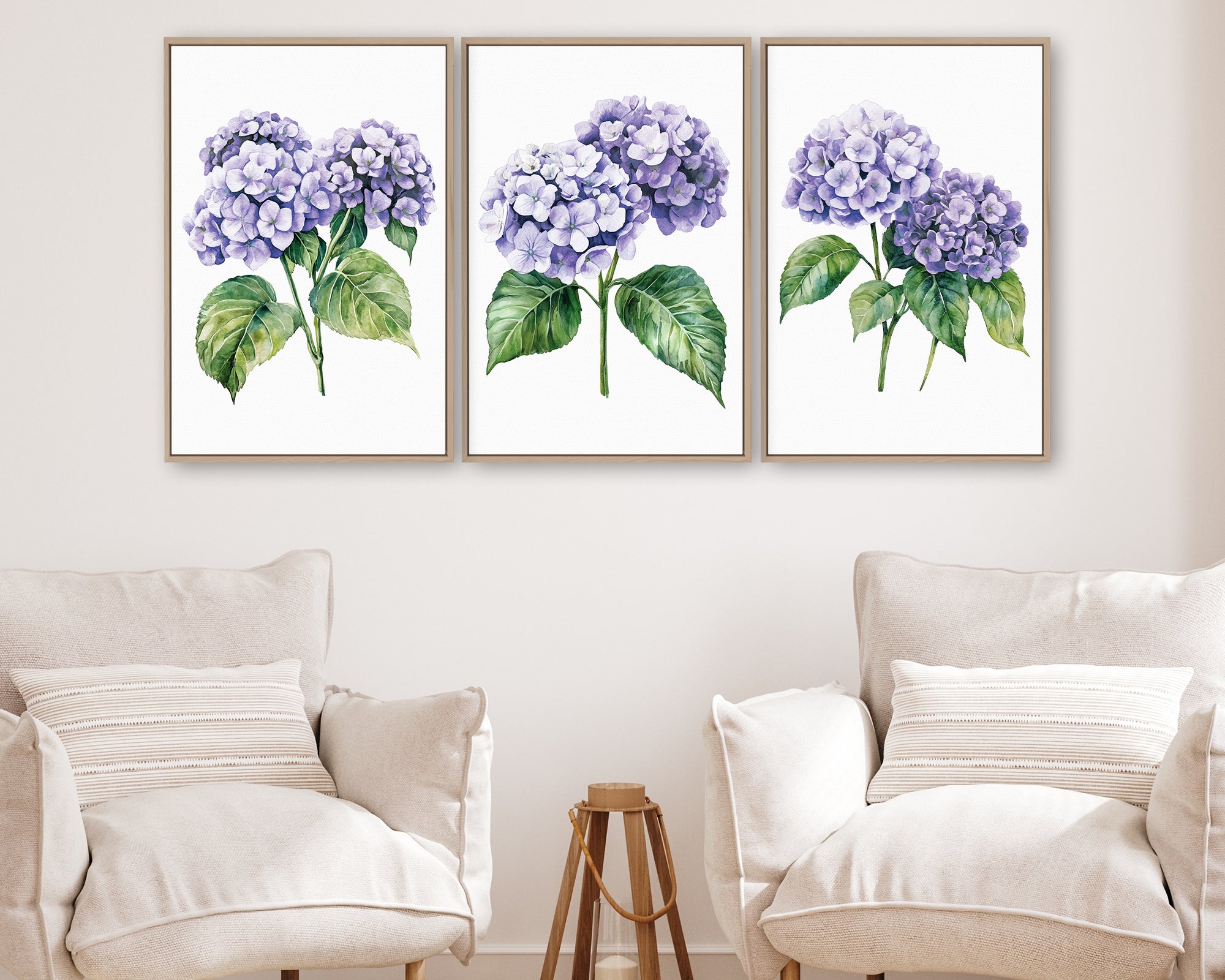 a living room with three framed watercolor paintings of purple hydrangeas hanging on the wall above two white armchairs.