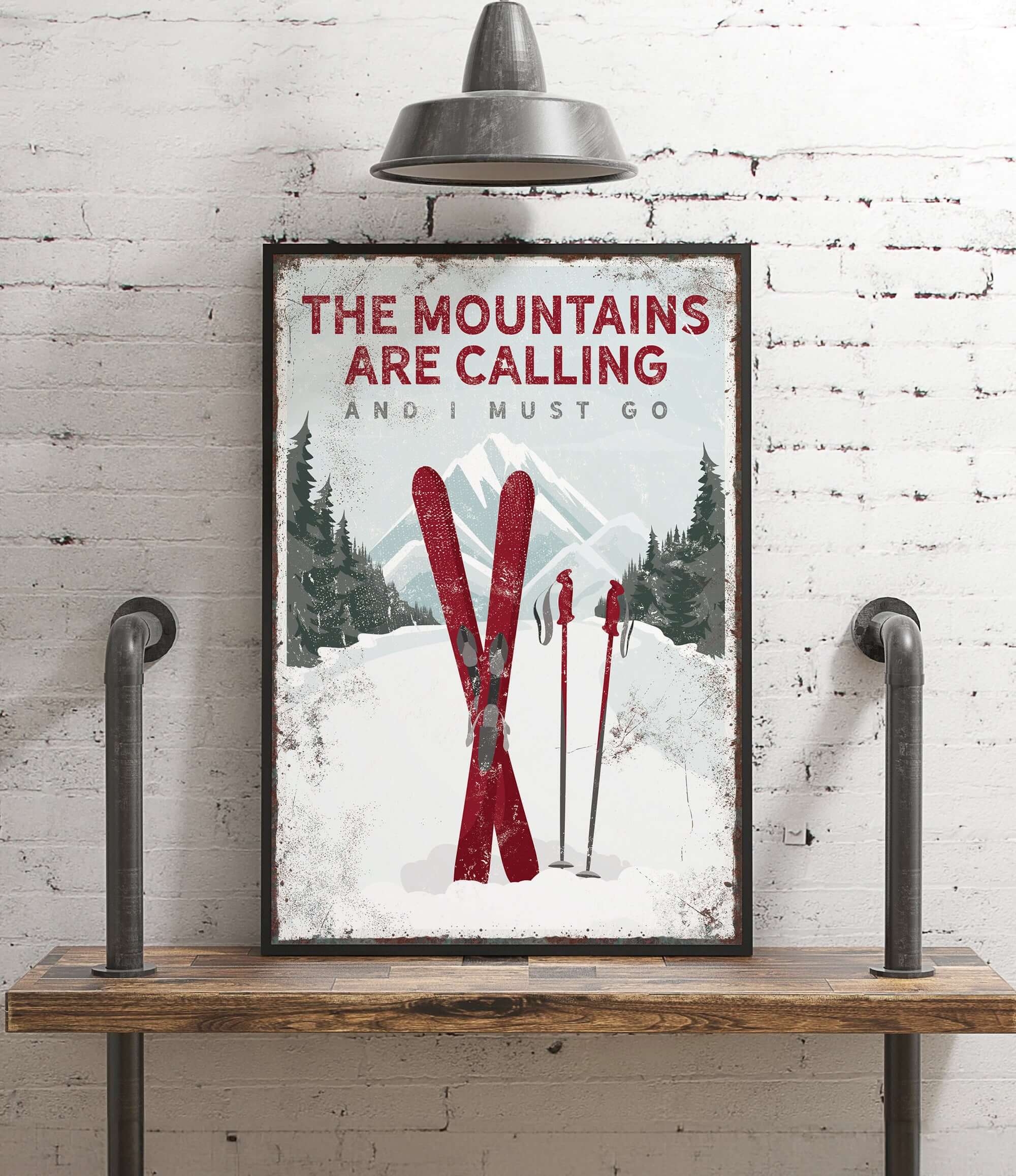 a poster of a pair of skis on a shelf