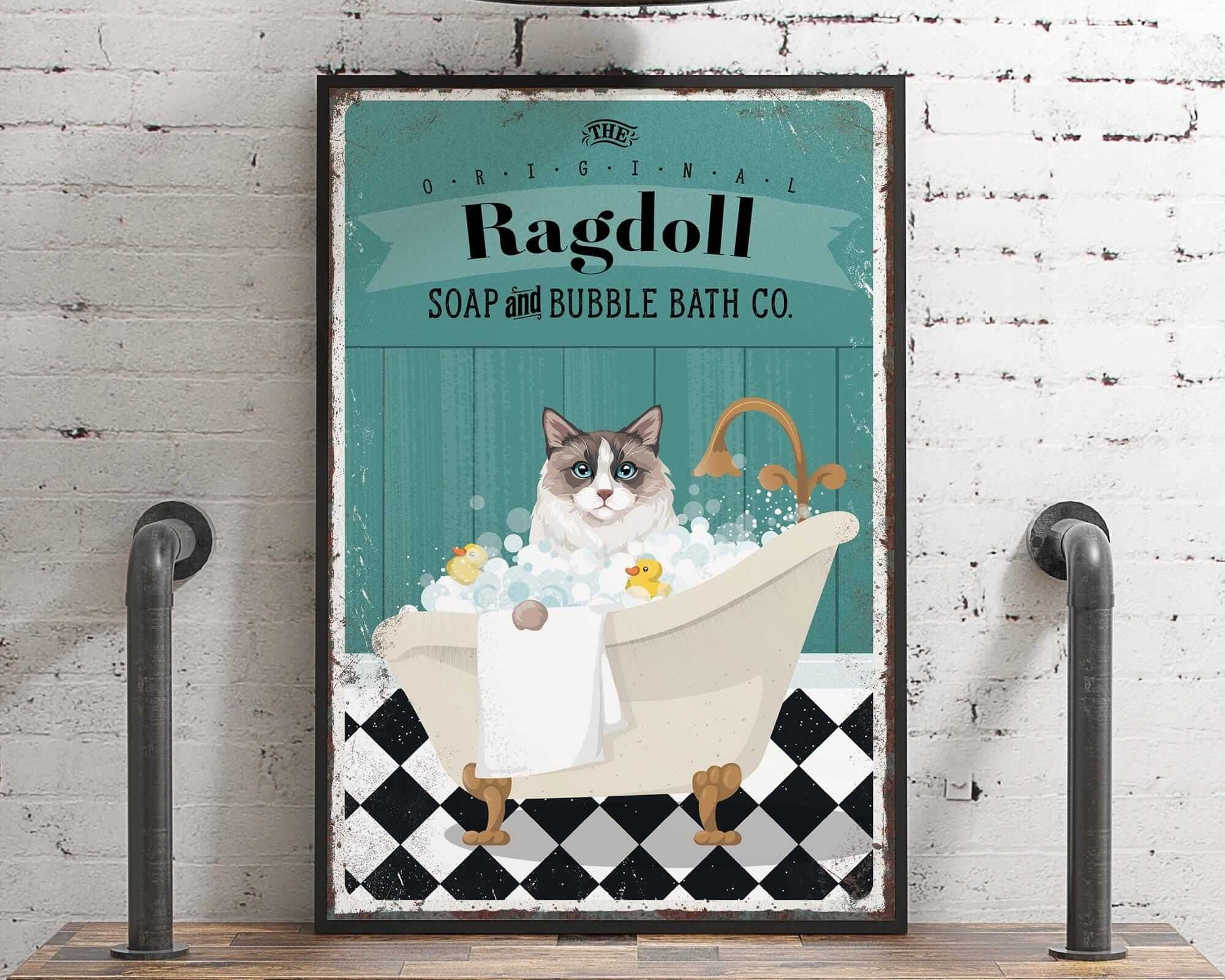 a poster of a cat taking a bath in a bathtub