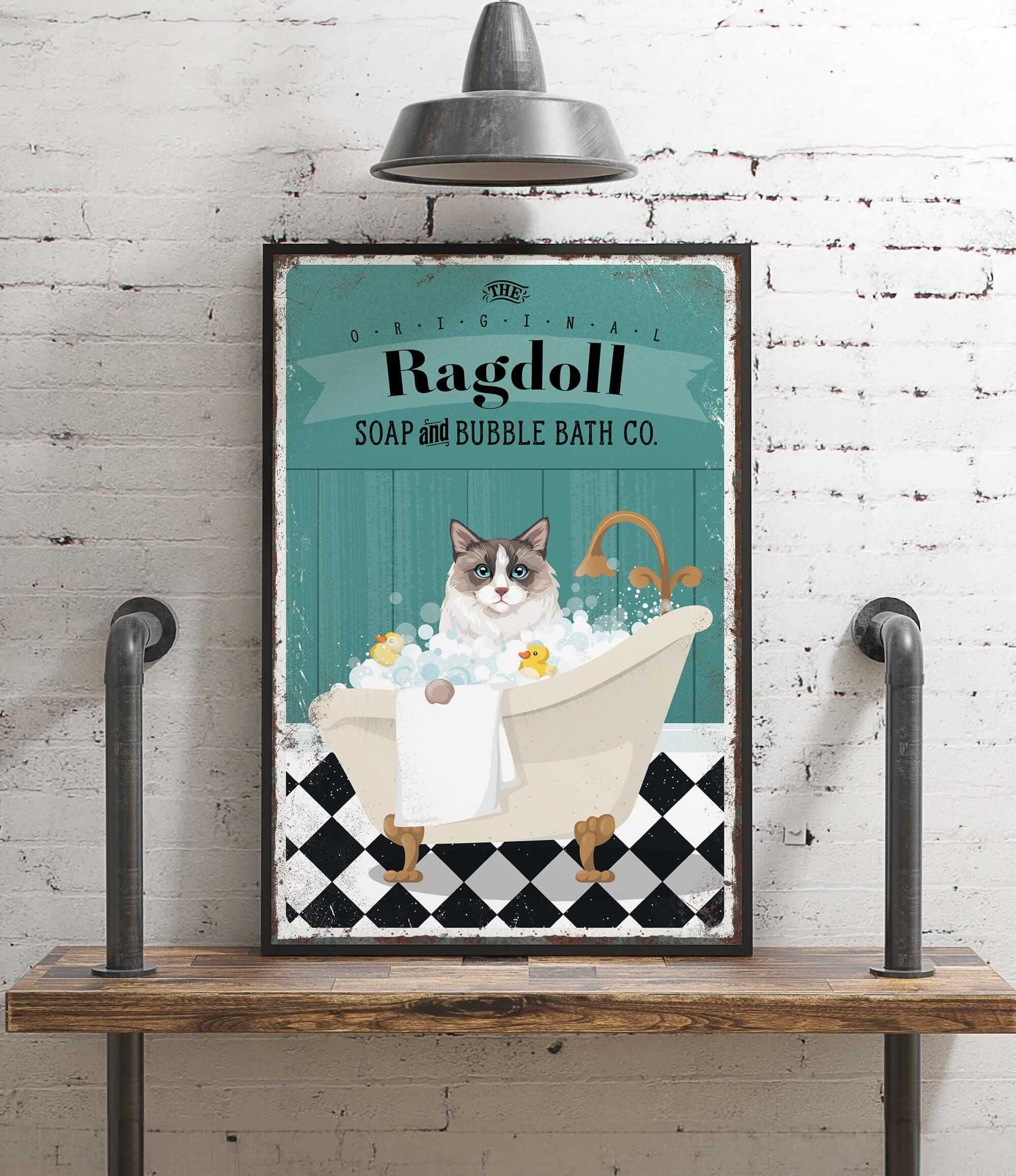 a poster of a cat taking a bath in a bathtub