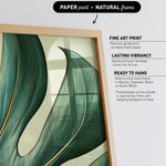 The image is a framed artwork featuring a close-up of a leaf with a textured, green-colored surface. The artwork is displayed in a natural frame, and the text above the image provides information about the type of print and frame.