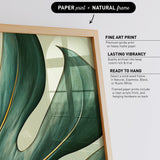 The image is a framed artwork featuring a close-up of a leaf with a textured, green-colored surface. The artwork is displayed in a natural frame, and the text above the image provides information about the type of print and frame.