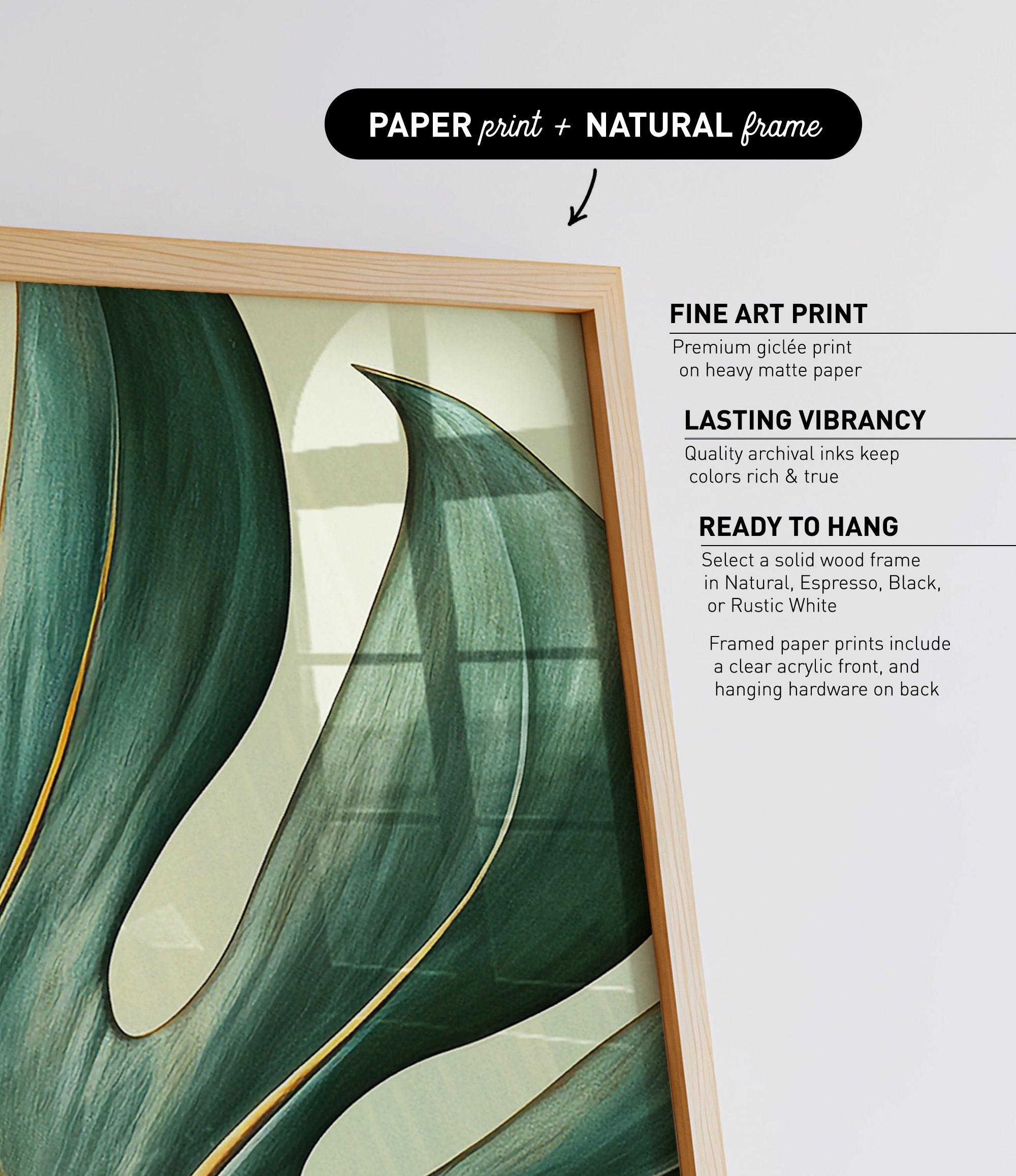 The image is a framed artwork featuring a close-up of a leaf with a textured, green-colored surface. The artwork is displayed in a natural frame, and the text above the image provides information about the type of print and frame.