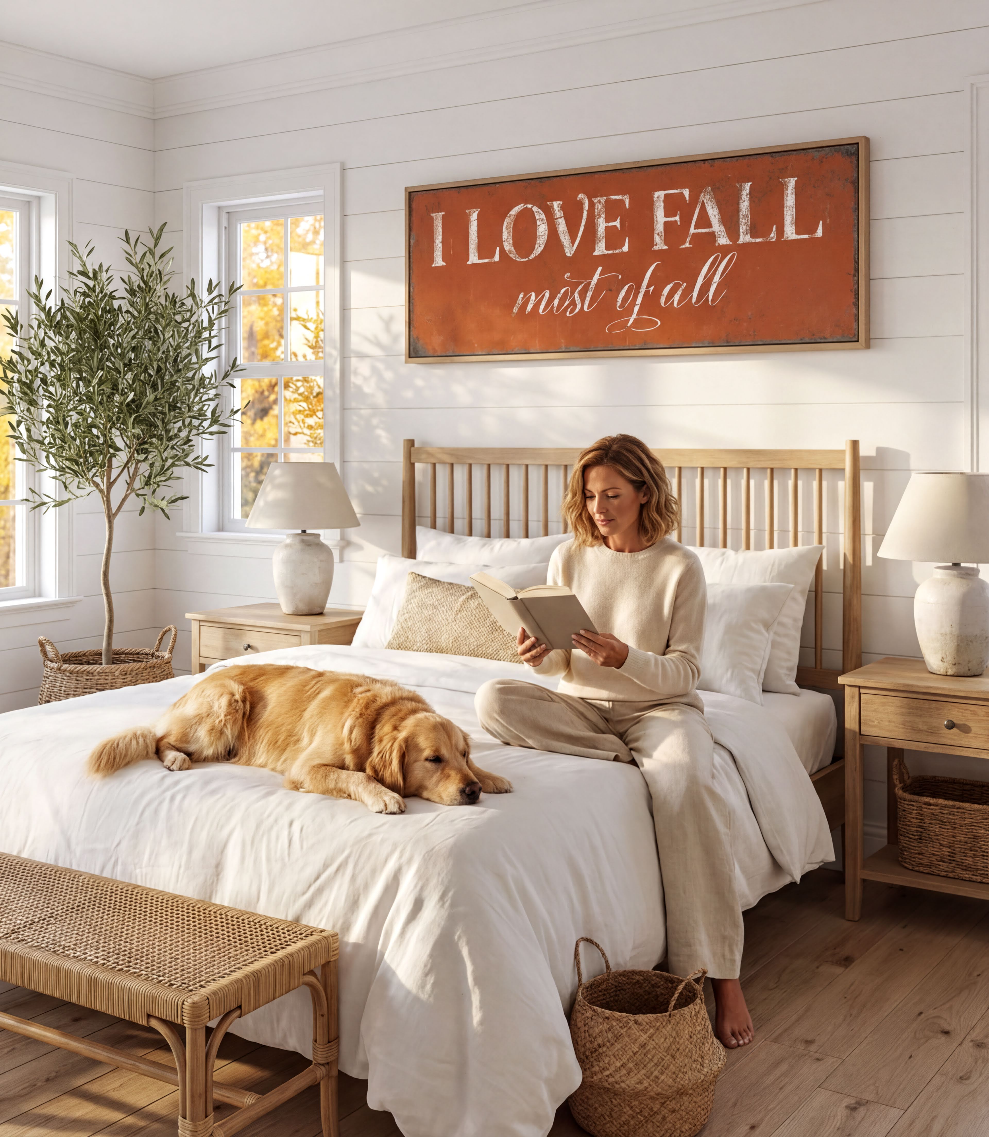 A woman sits on a bed in a cozy bedroom, reading a book, with a golden retriever dog resting on the bed beside her. The room has a rustic, country-style decor, with a large orange sign that reads "I LOVE FALL mist of fall" above the bed.