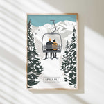 A framed illustration depicting a couple on a ski lift, surrounded by snow-covered pine trees, with the text "APRÈS SKI" below the image.