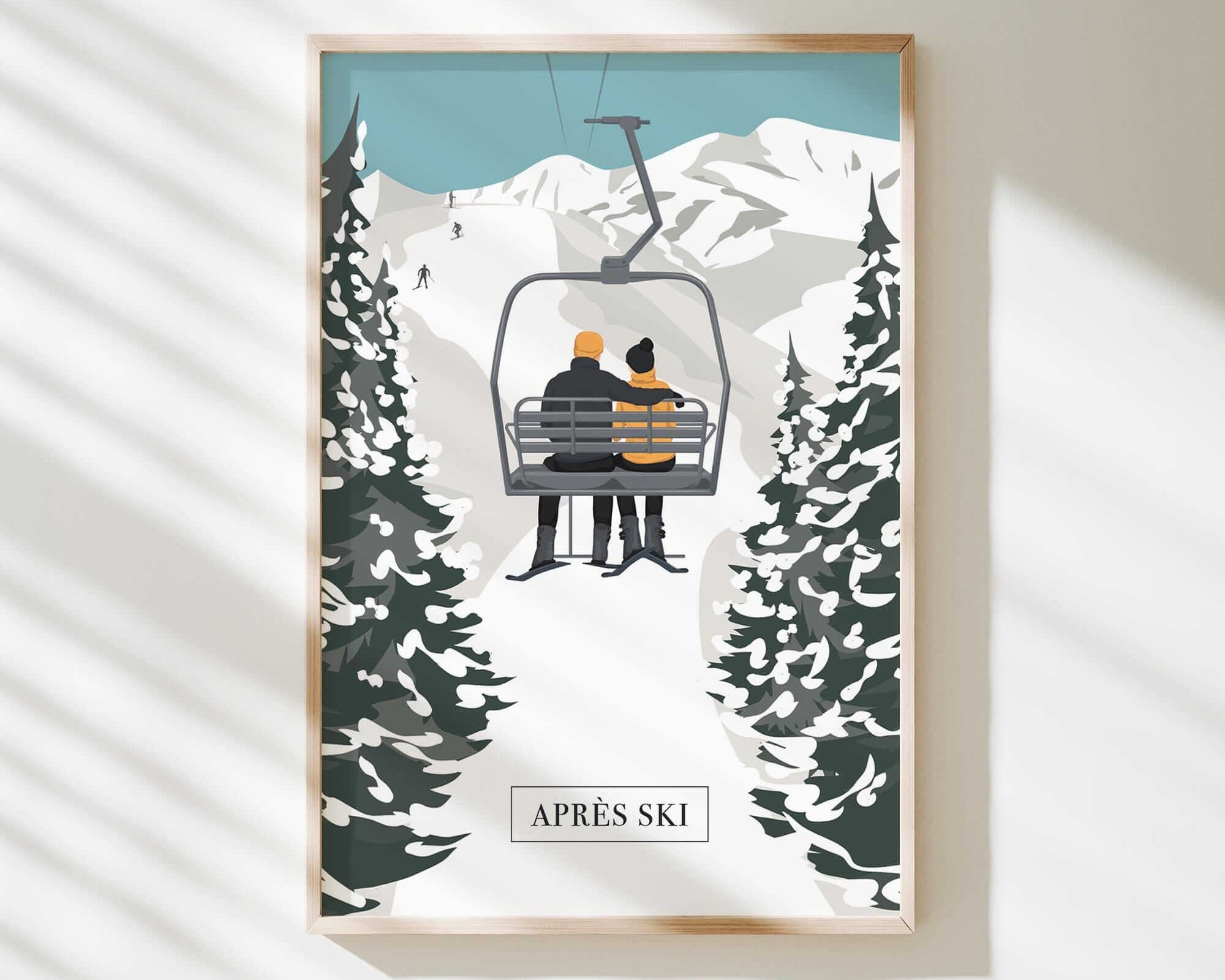 A framed illustration depicting a couple on a ski lift, surrounded by snow-covered pine trees, with the text "APRÈS SKI" below the image.