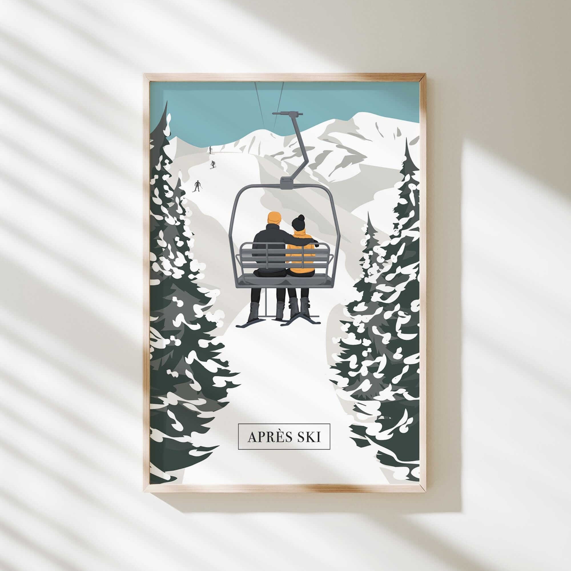 A framed illustration depicting a couple on a ski lift, surrounded by snow-covered pine trees, with the text "APRÈS SKI" below the image.